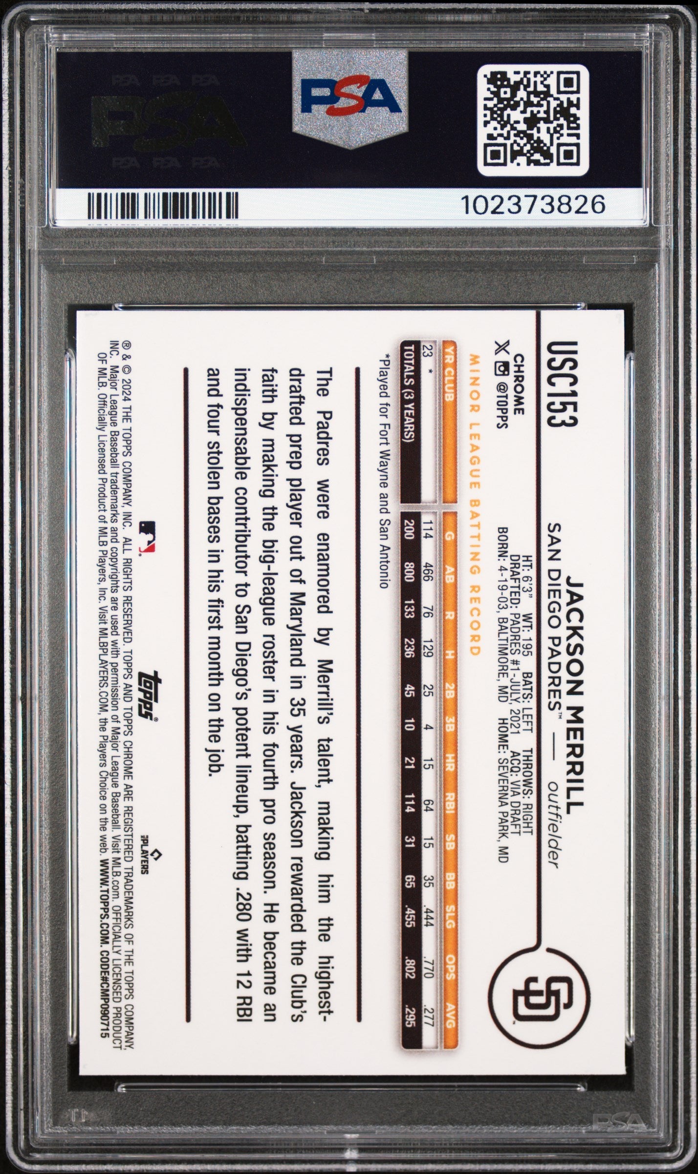 2024 Topps Chrome Update Magenta Refractor Jackson Merrill #USC153 RC PSA 9