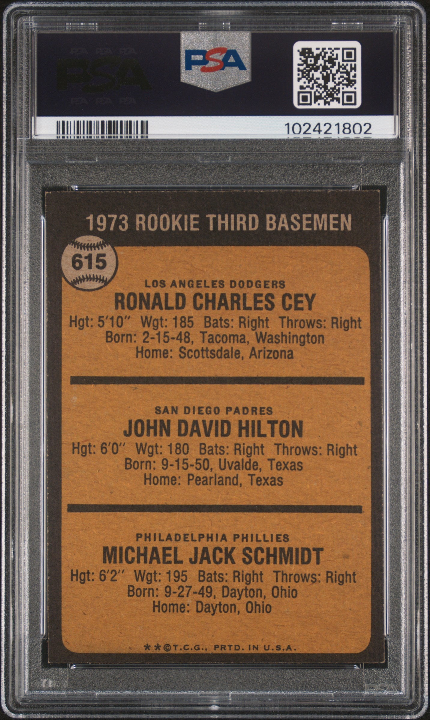 1973 Topps Rookie 3rd Basemen Cey Hilton Schmidt #615 PSA 7