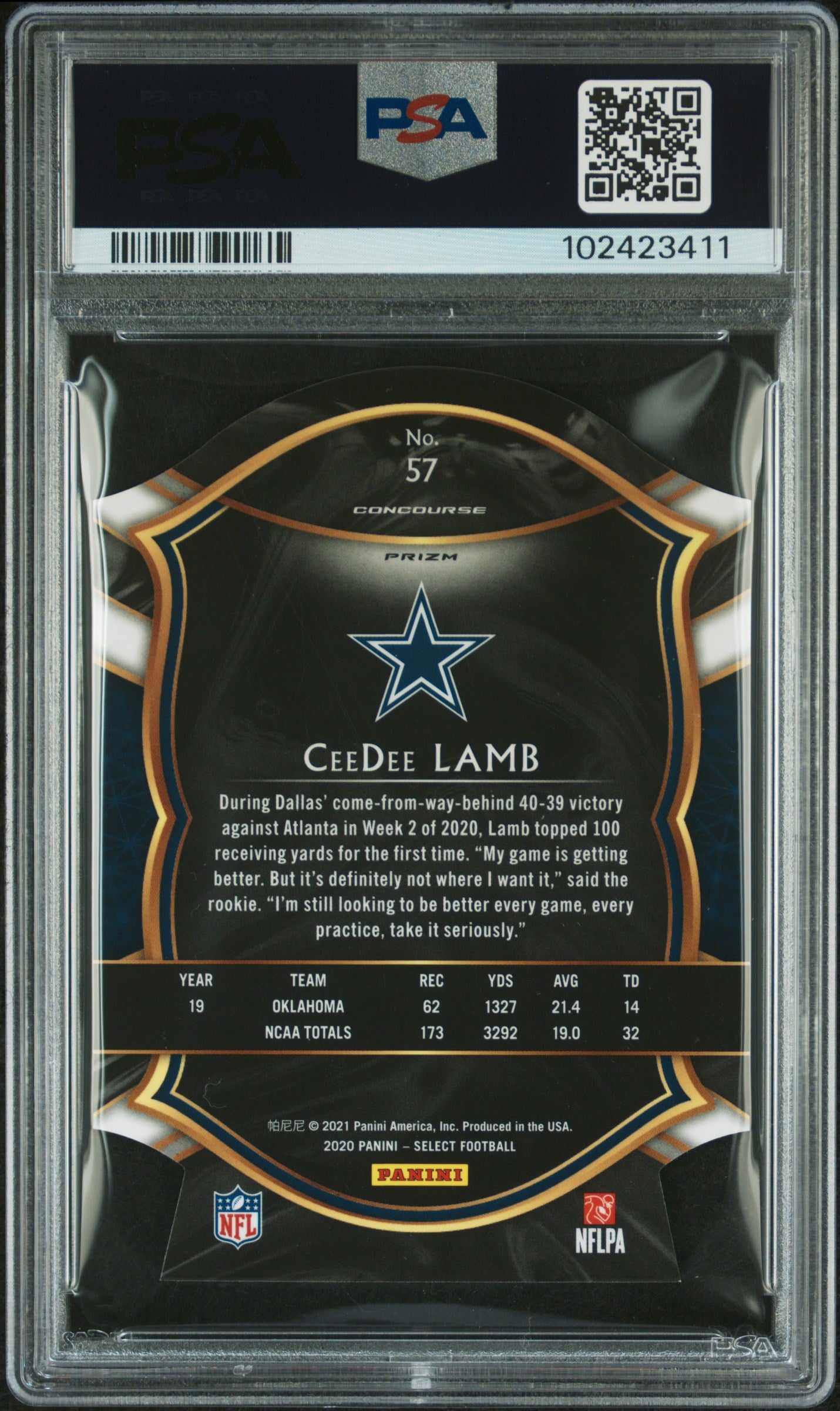 2020 Panini Select Prizm Purple Die Cut Ceedee Lamb #57 PSA 9