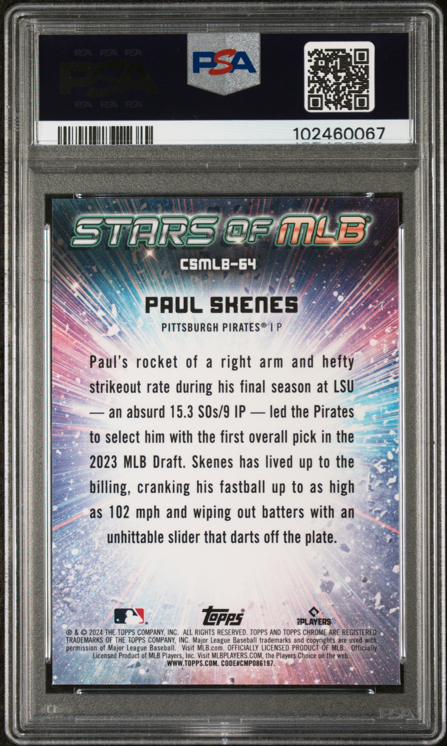 2024 Topps Stars of MLB Chrome Paul Skenes #CSMLB-64 RC PSA 10