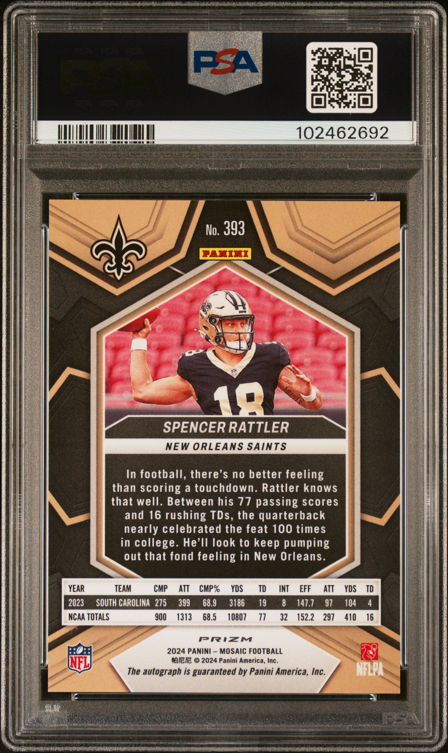 2024 Mosaic Rookie Autographs Mosaic Spencer Rattler #393 PSA 10