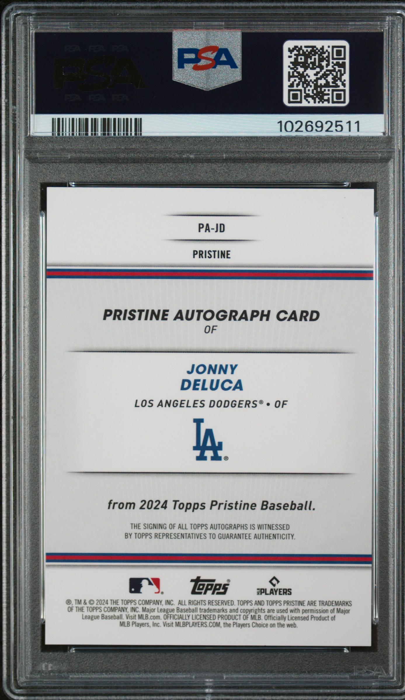 2024 Topps Pristine Orange Jonny Deluca #PAJD RC Auto /25 PSA 10