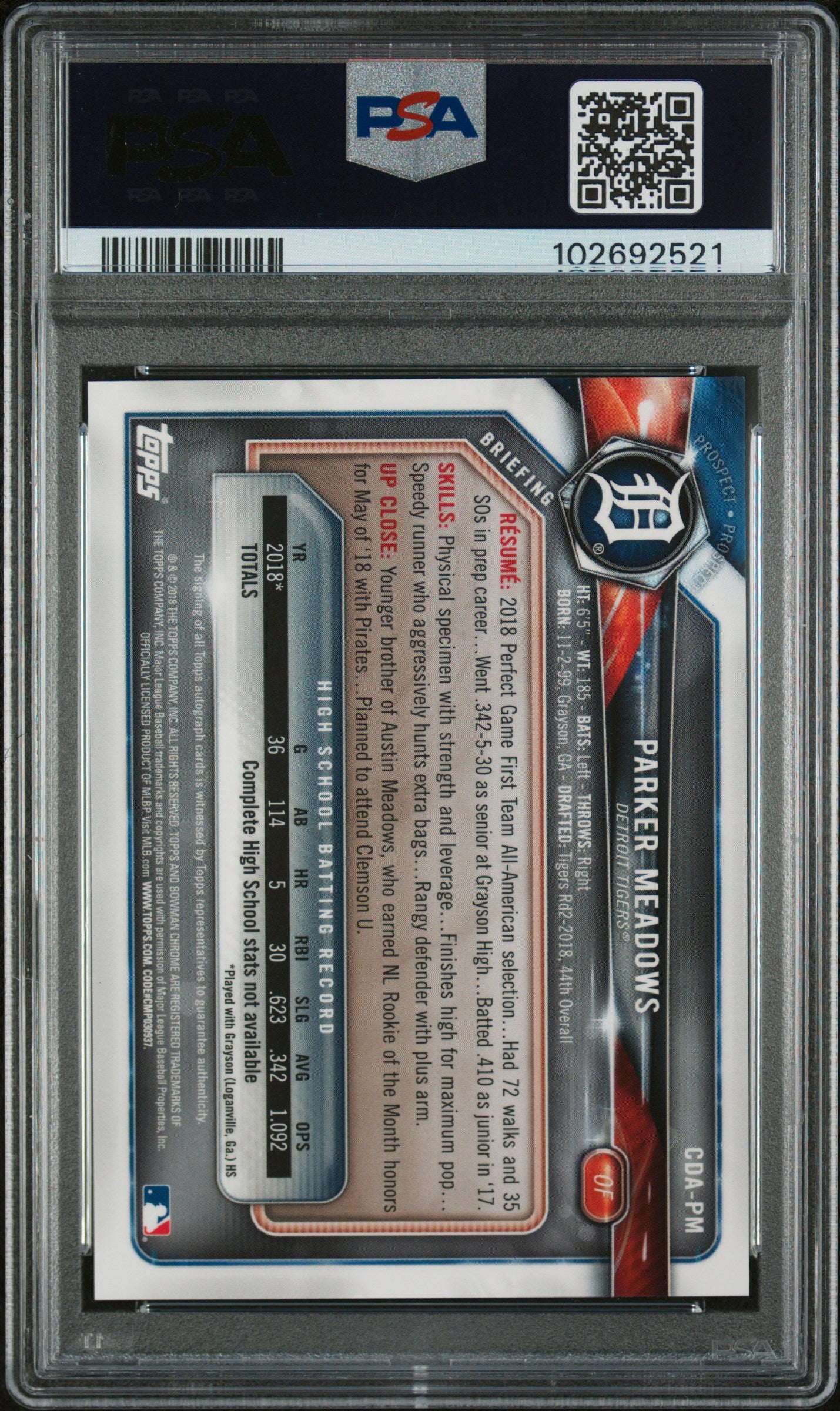 2018 Bowman Draft Chrome Parker Meadows #CDA-PM Auto PSA 10