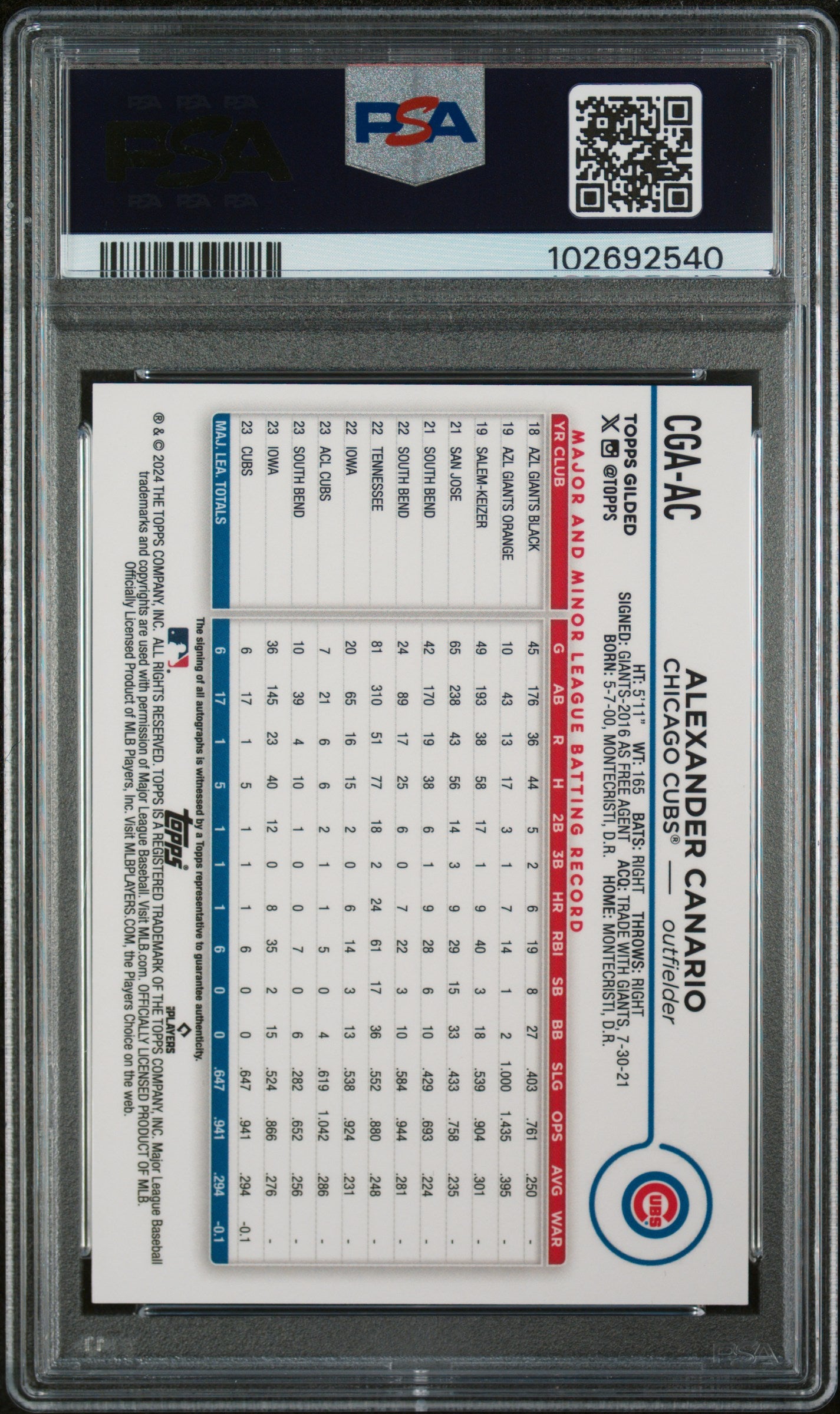 2024 Topps Gilded Chrome Gold Alexander Canario #CGAAC RC Auto /39 PSA 9