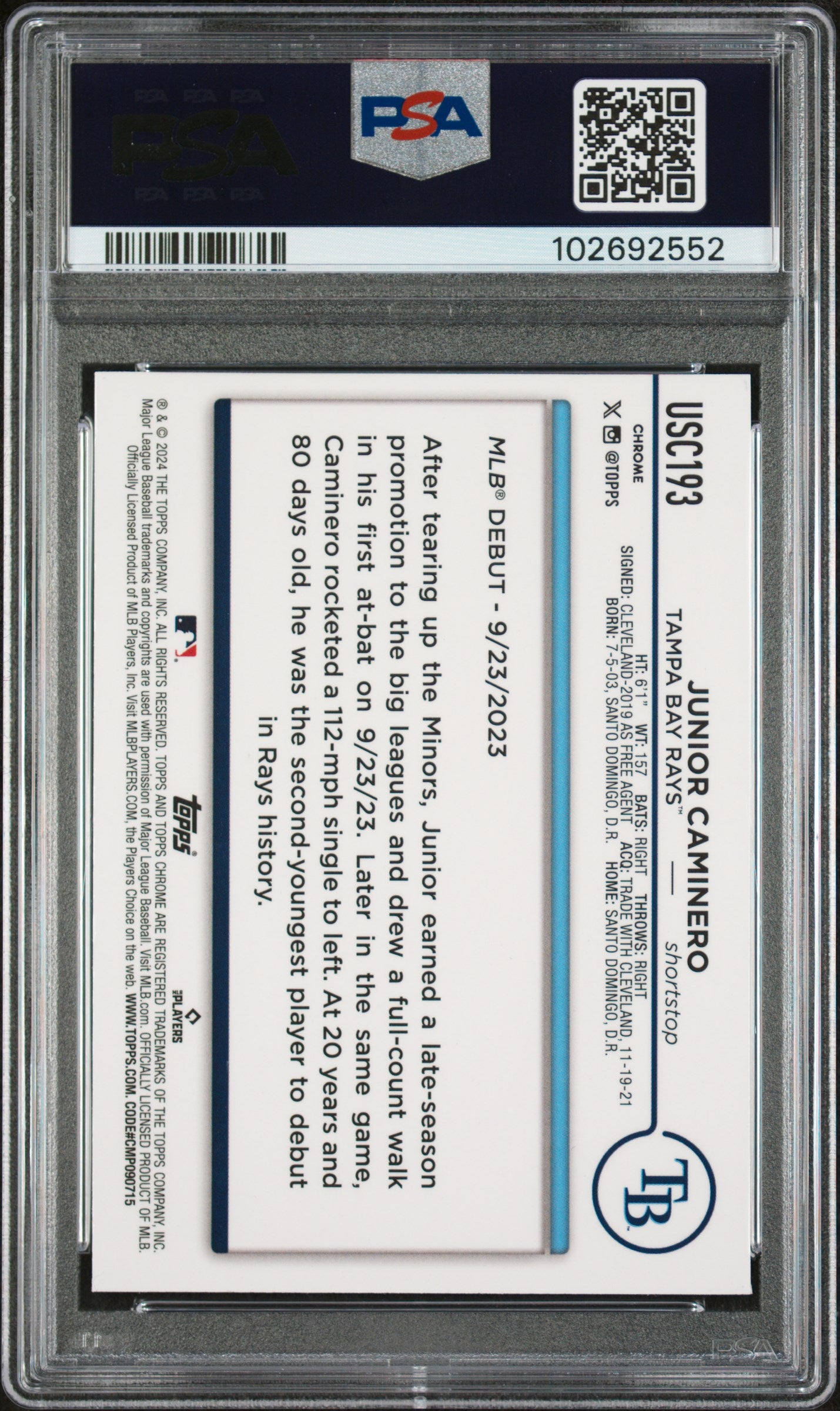 2024 Topps Chrome Update Aqua Refractor Junior Caminero #USC193 RC /199 PSA 9