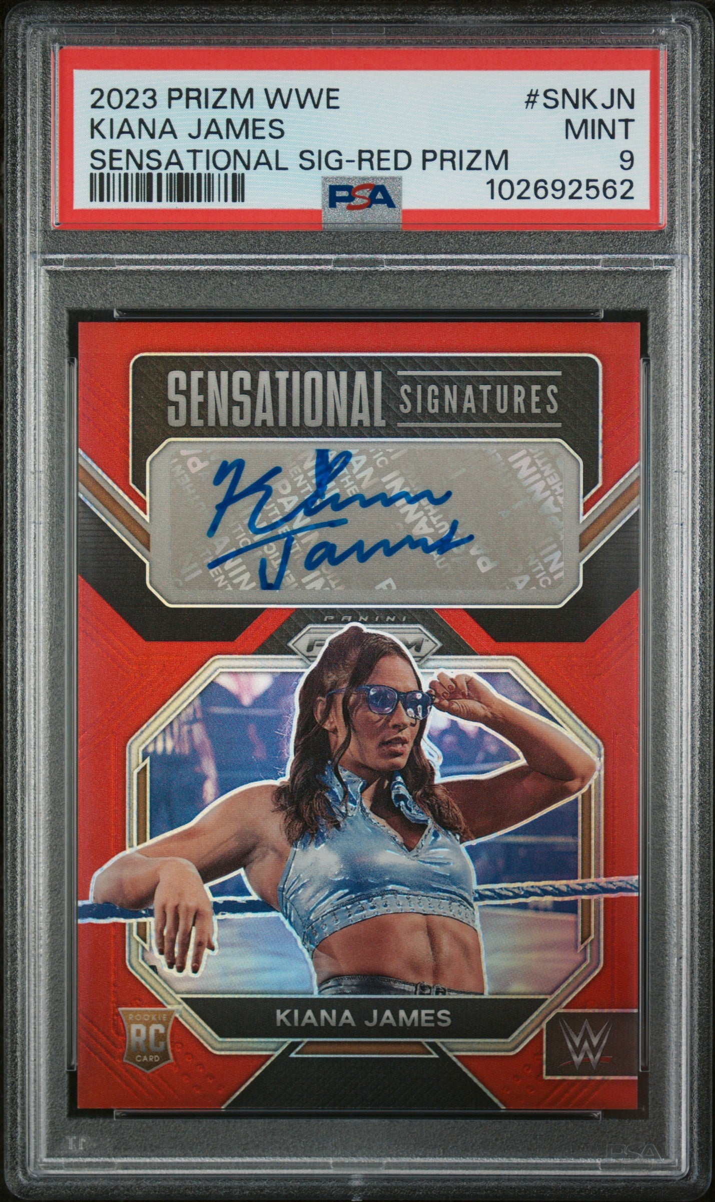 2023 Panini Prizm WWE Sensational Signatures #SNKJN Kiana James Sensational Sig-Red Prizm PSA 9
