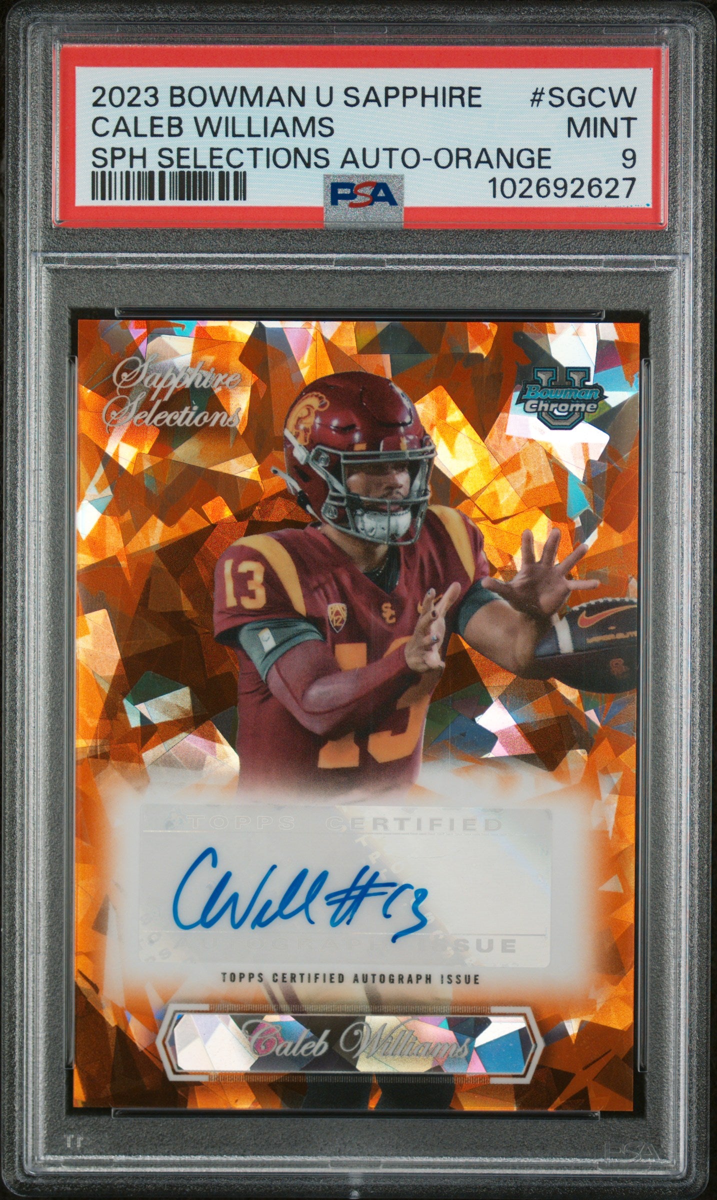 2023 Bowman Sapphire Selections Auto-Orange Caleb Williams #SGCW /25 PSA 9