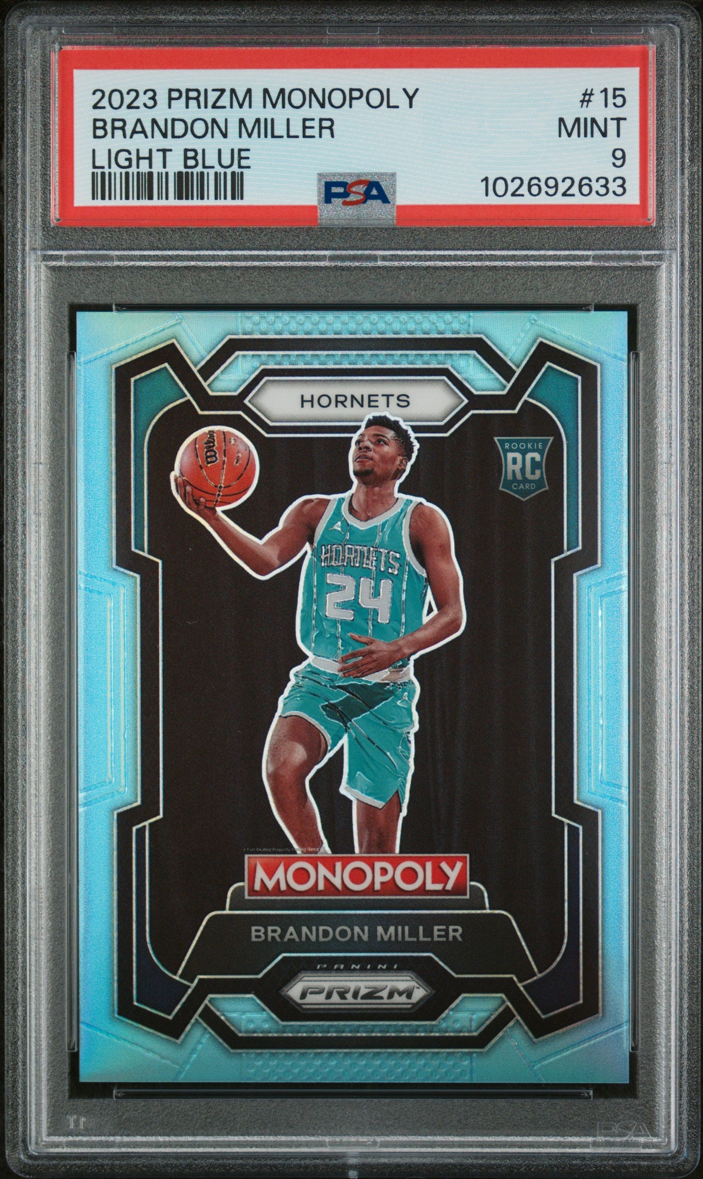 2023 Panini Prizm Monopoly Light Blue Brandon Miller #15 RC /199 PSA 9