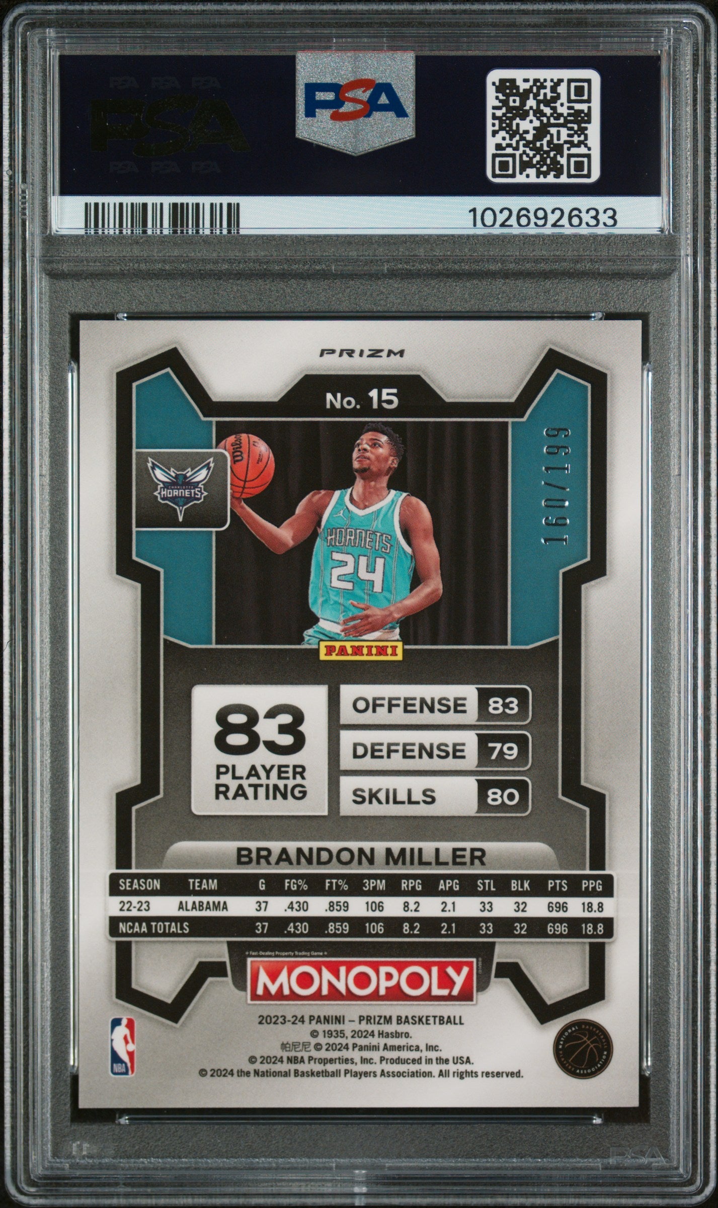 2023 Panini Prizm Monopoly Light Blue Brandon Miller #15 RC /199 PSA 9