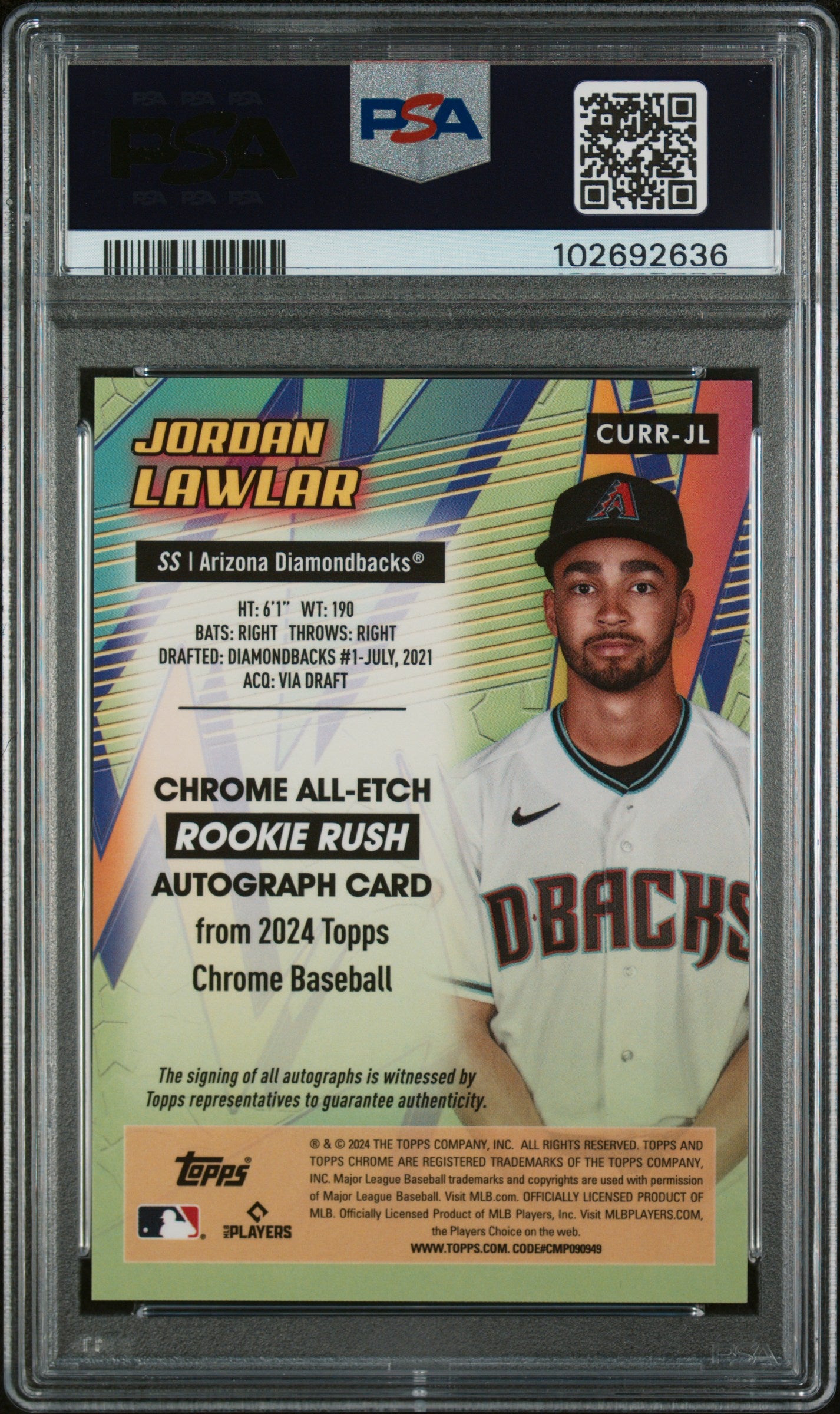 2024 Chrome Update All Etch Rookie Rush Autographs Orange Refractors #CURRJL Jordan Lawlar PSA 10