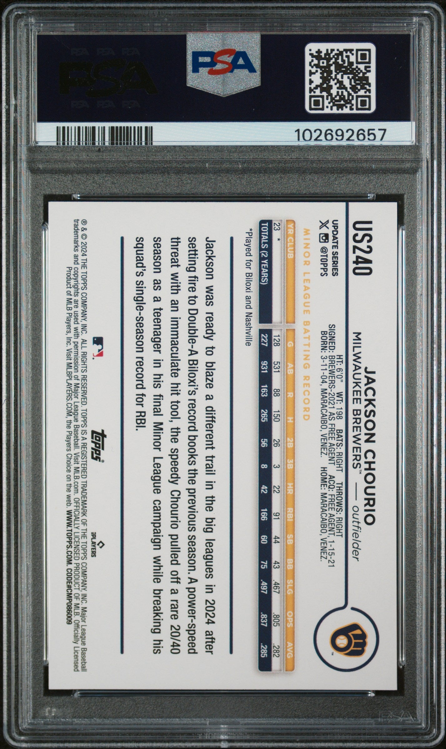 2024 Topps Update Silver Crackle Foil Jackson Chourio #US240 RC PSA 9