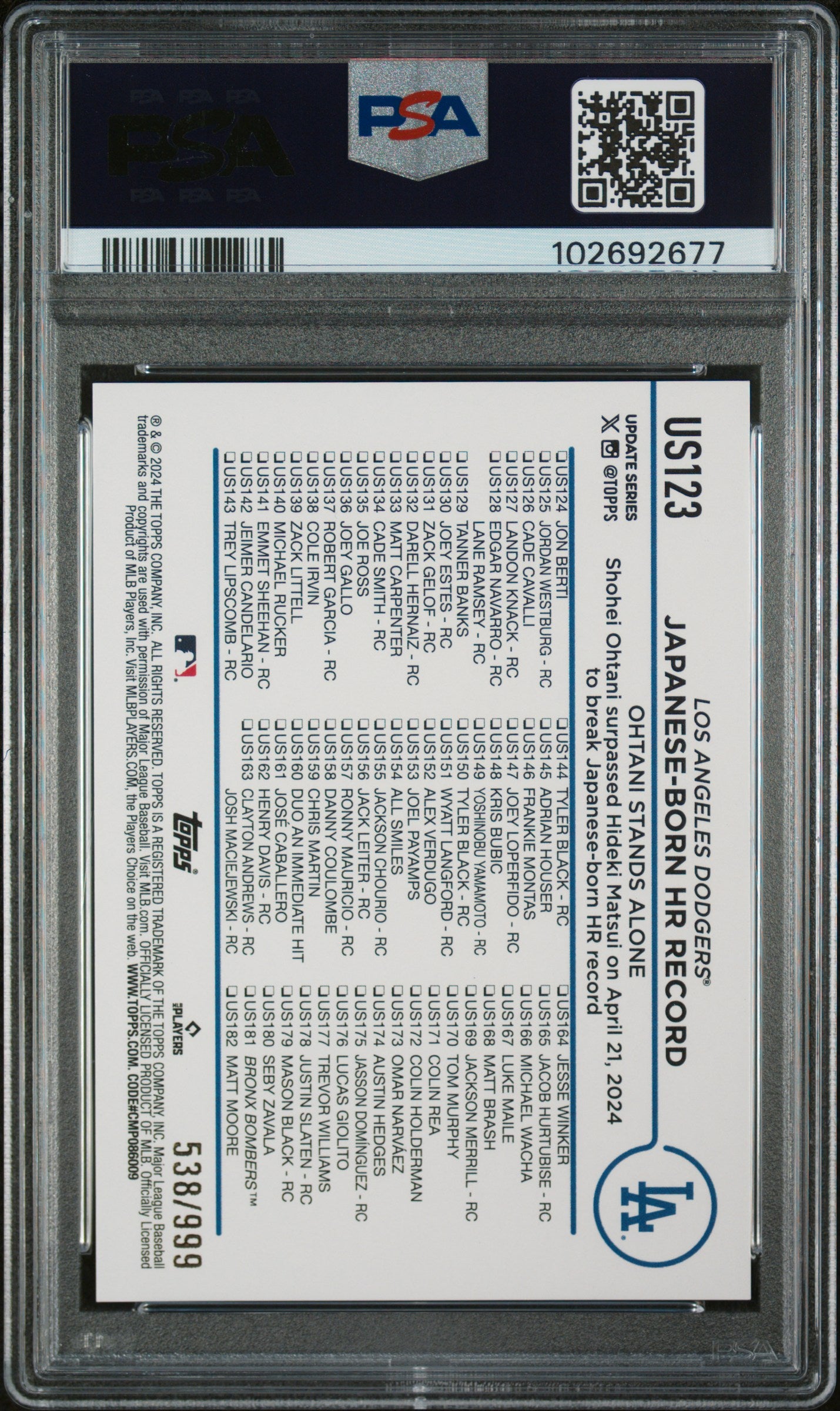 2024 Topps Update Blue Holo Foilboard Shohei Ohtani #US123 /999 PSA 10