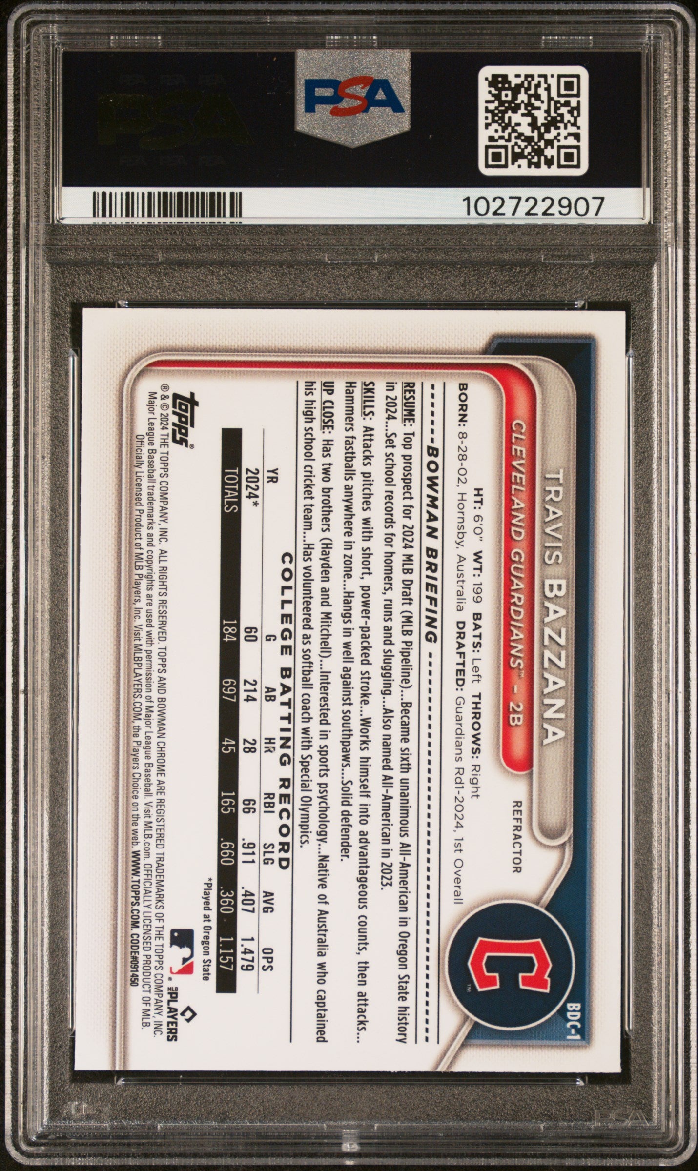 2024 Bowman Draft #BDC1 Travis Bazzana Chrome Refractor PSA 9