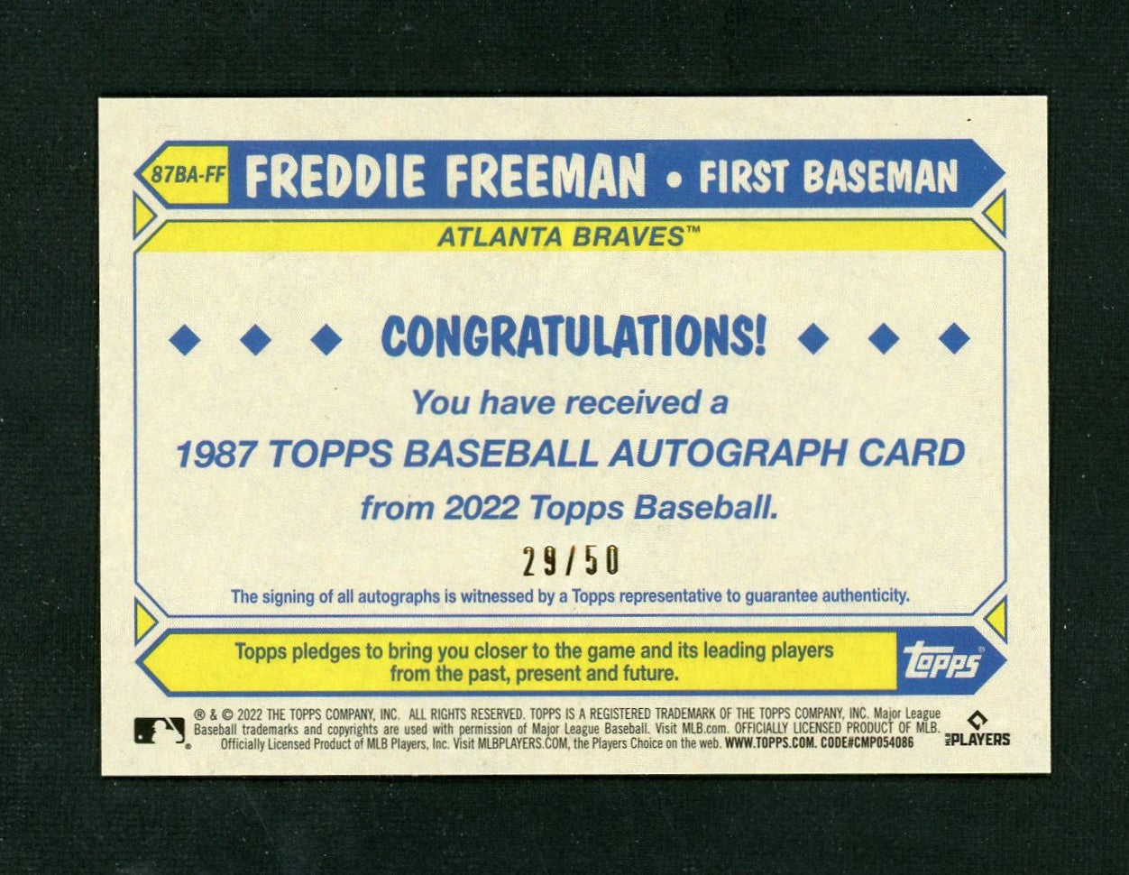 2022 Topps Chrome 1987 Gold Freddie Freeman Auto /50