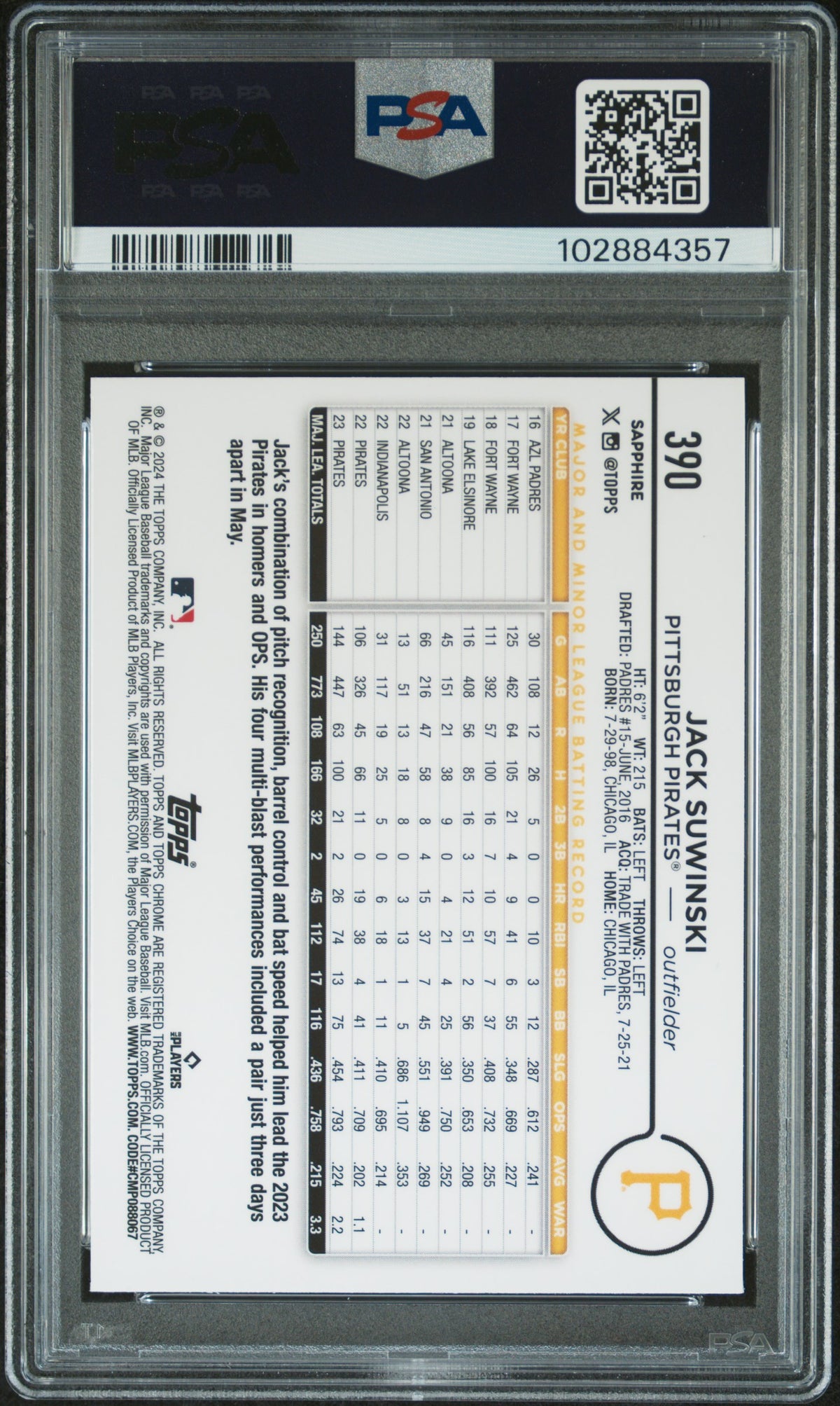 2024 Topps Chrome Sapphire Orange Jack Suwinski #390 /25 PSA 9