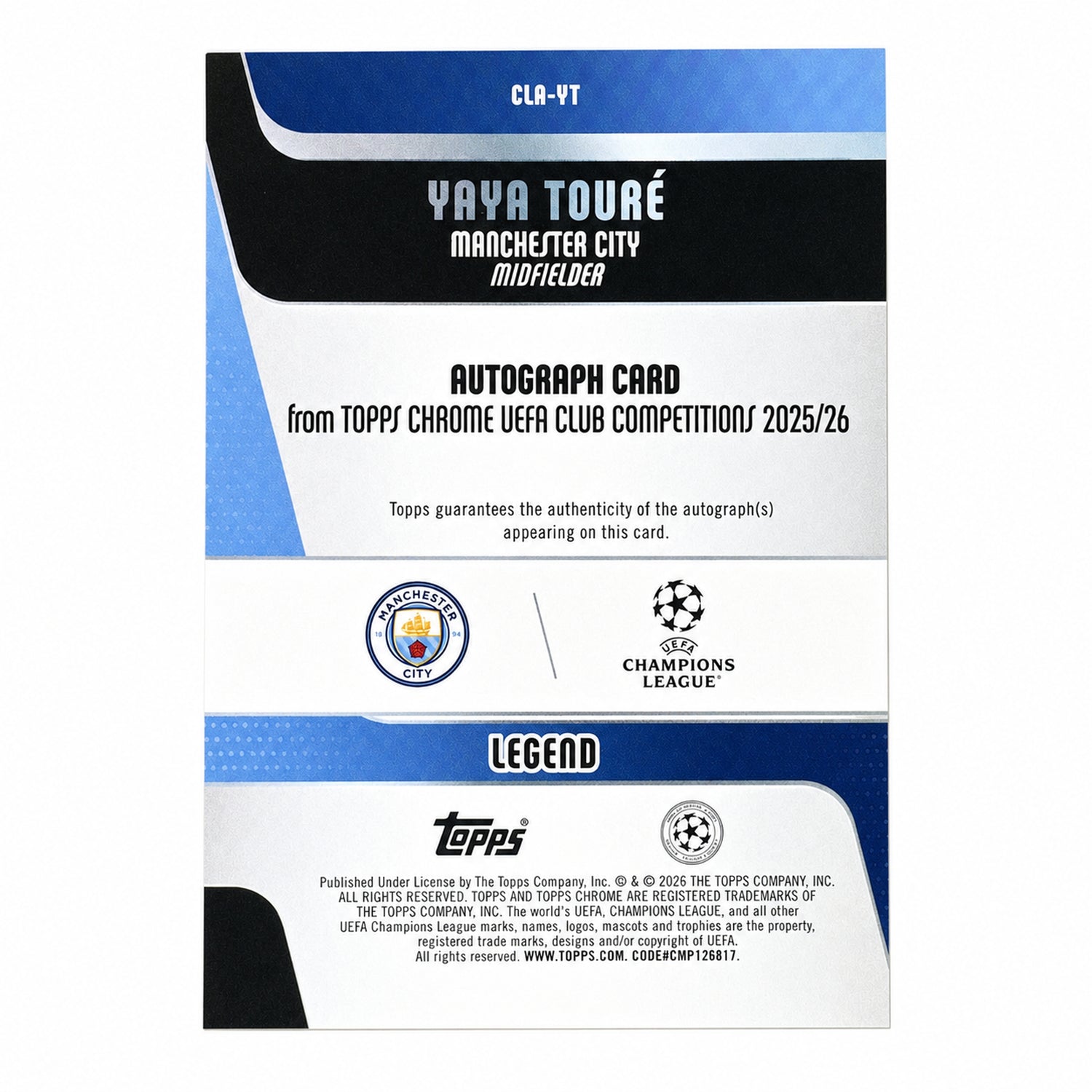 2025 Topps Chrome UCC Yaya Toure  Legends Gold Lava Refractor Auto /50