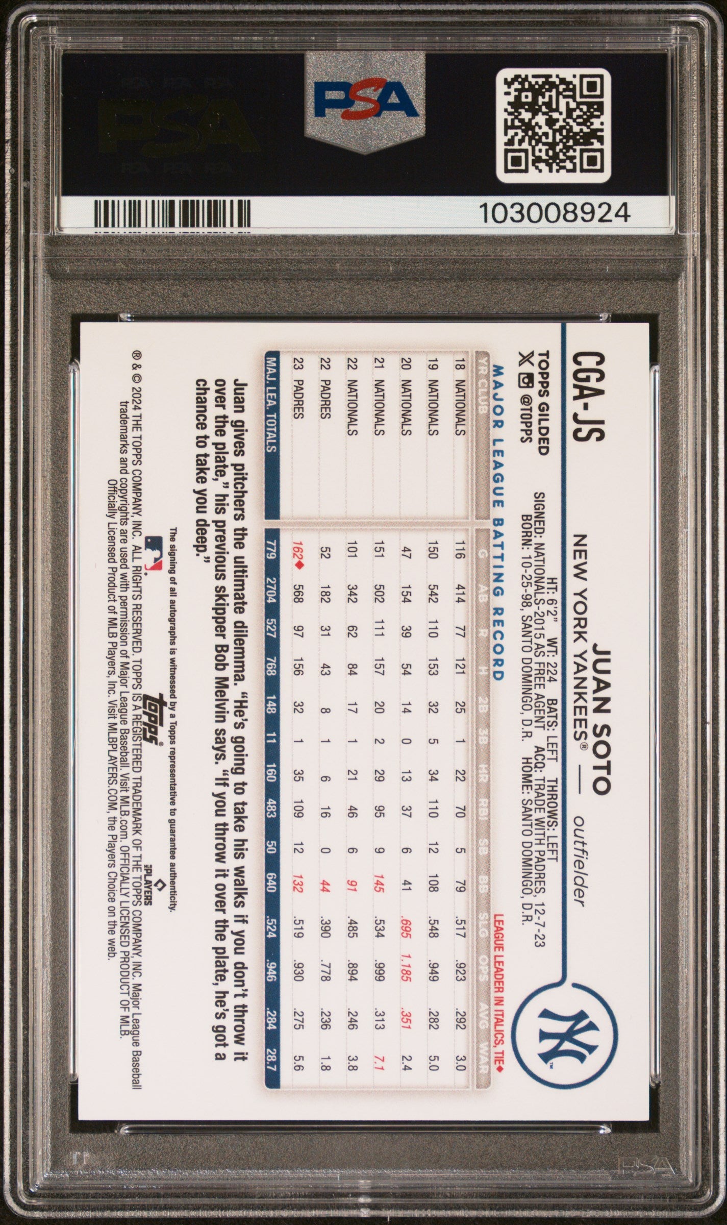 2024 Topps Gilded Collection Chrome Gold Juan Soto #CGA-JS Auto /30 PSA 10
