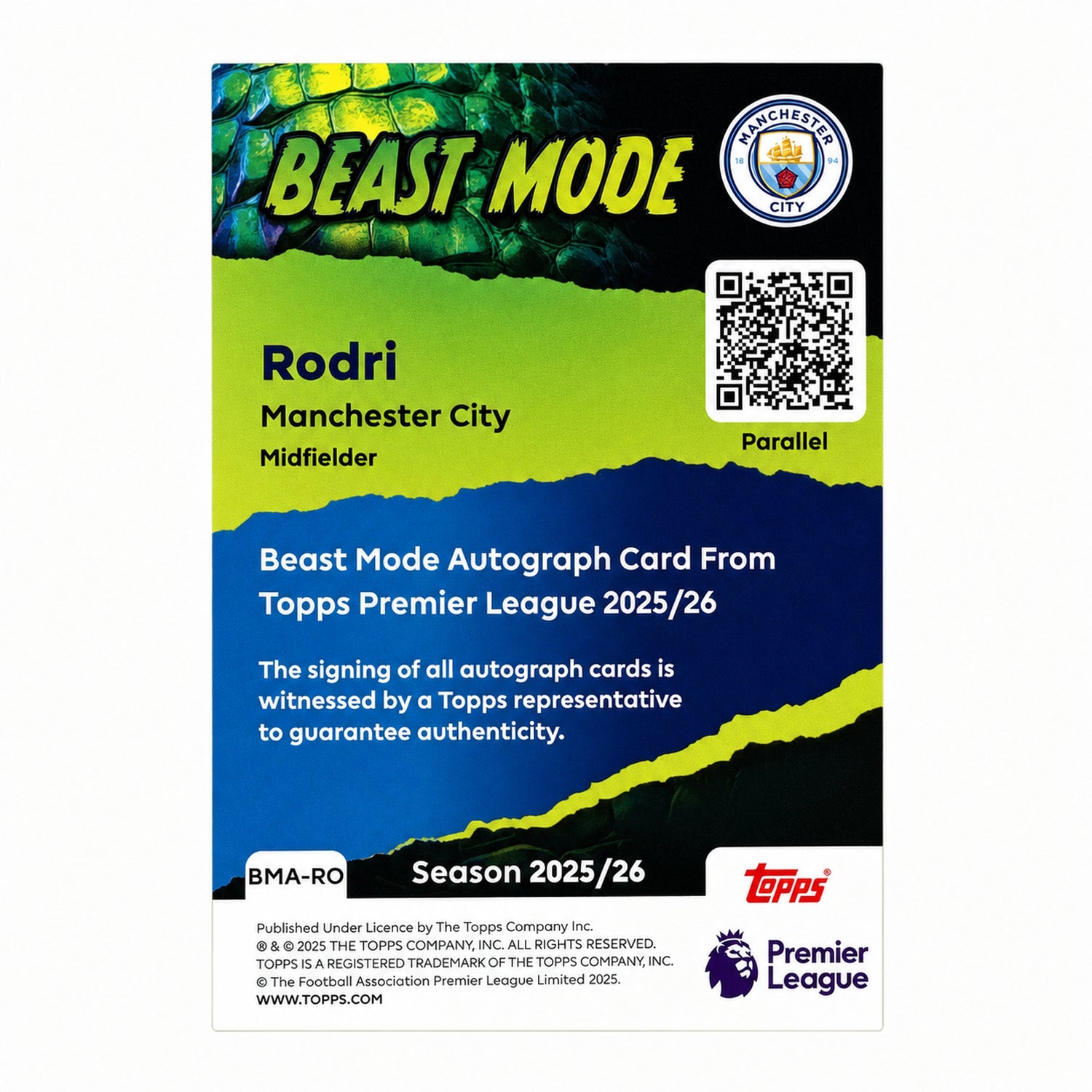 2025-26 Topps EPL Rodri Beast Mode Auto 1/1 SuperFractor