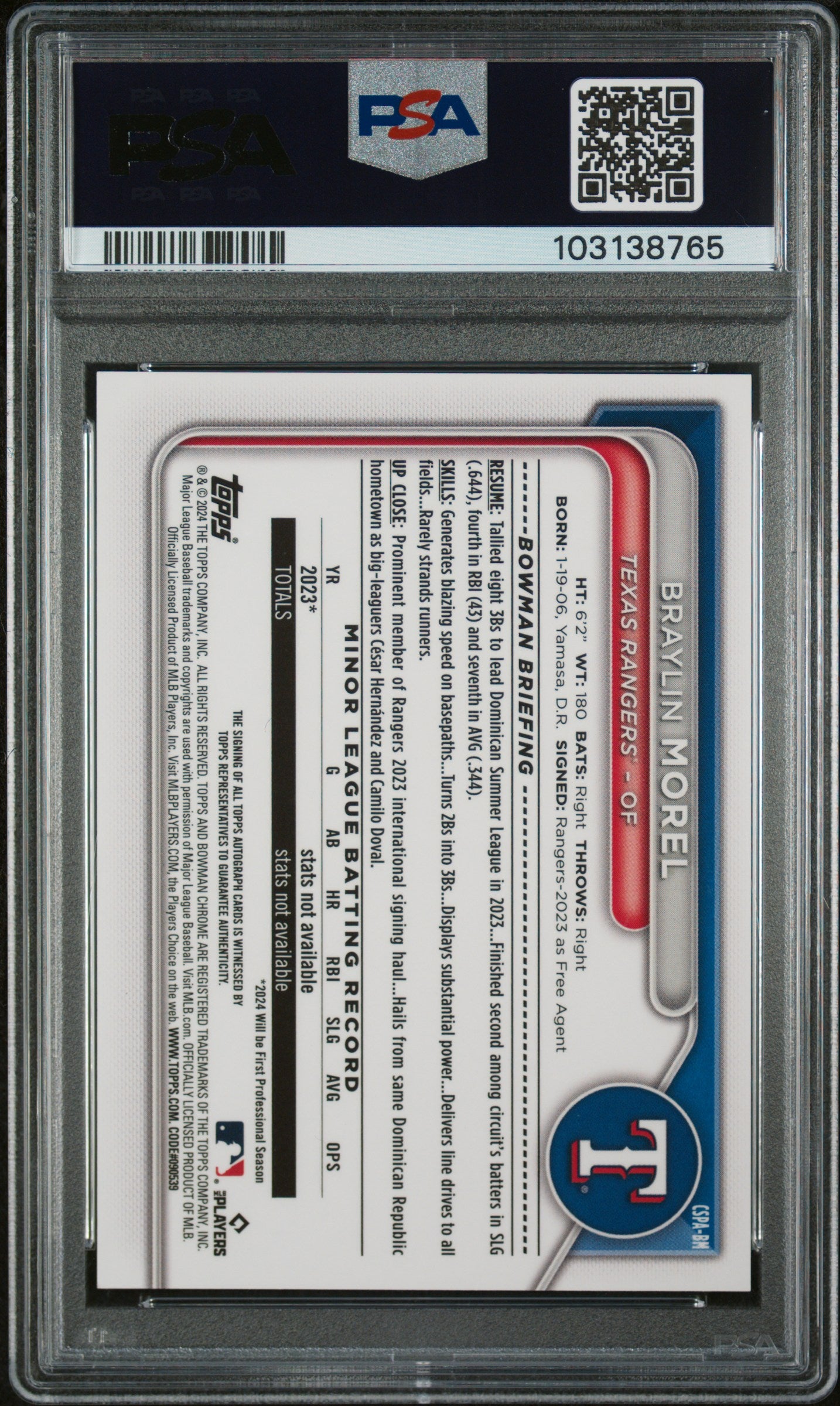 2024 Bowman Chrome Sapphire Braylin Morel #BM Auto /199 PSA 9