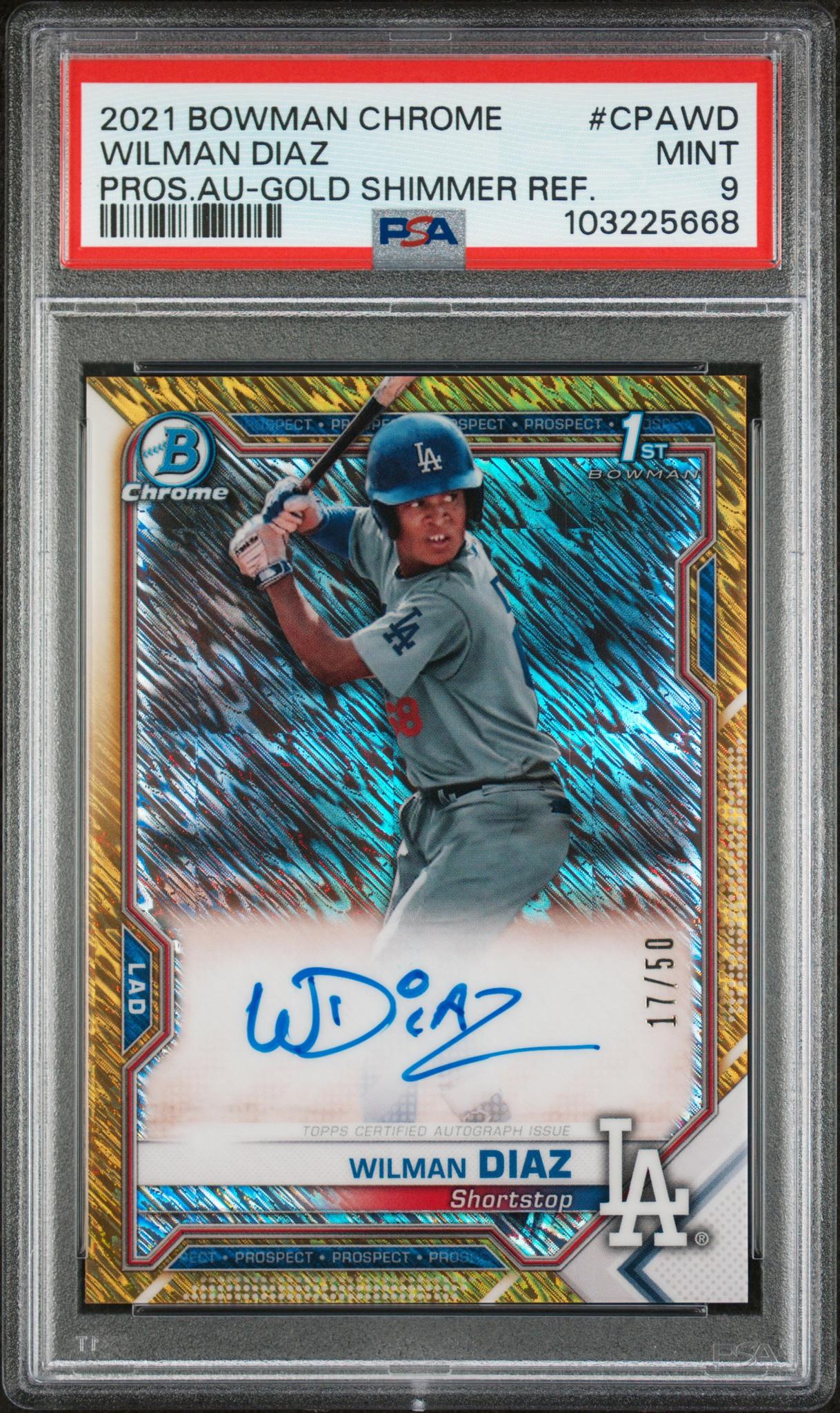 2021 Bowman Chrome #CPAWD Wilman Diaz Prospect Autograph Gold Shimmer Refractor /50 PSA 9