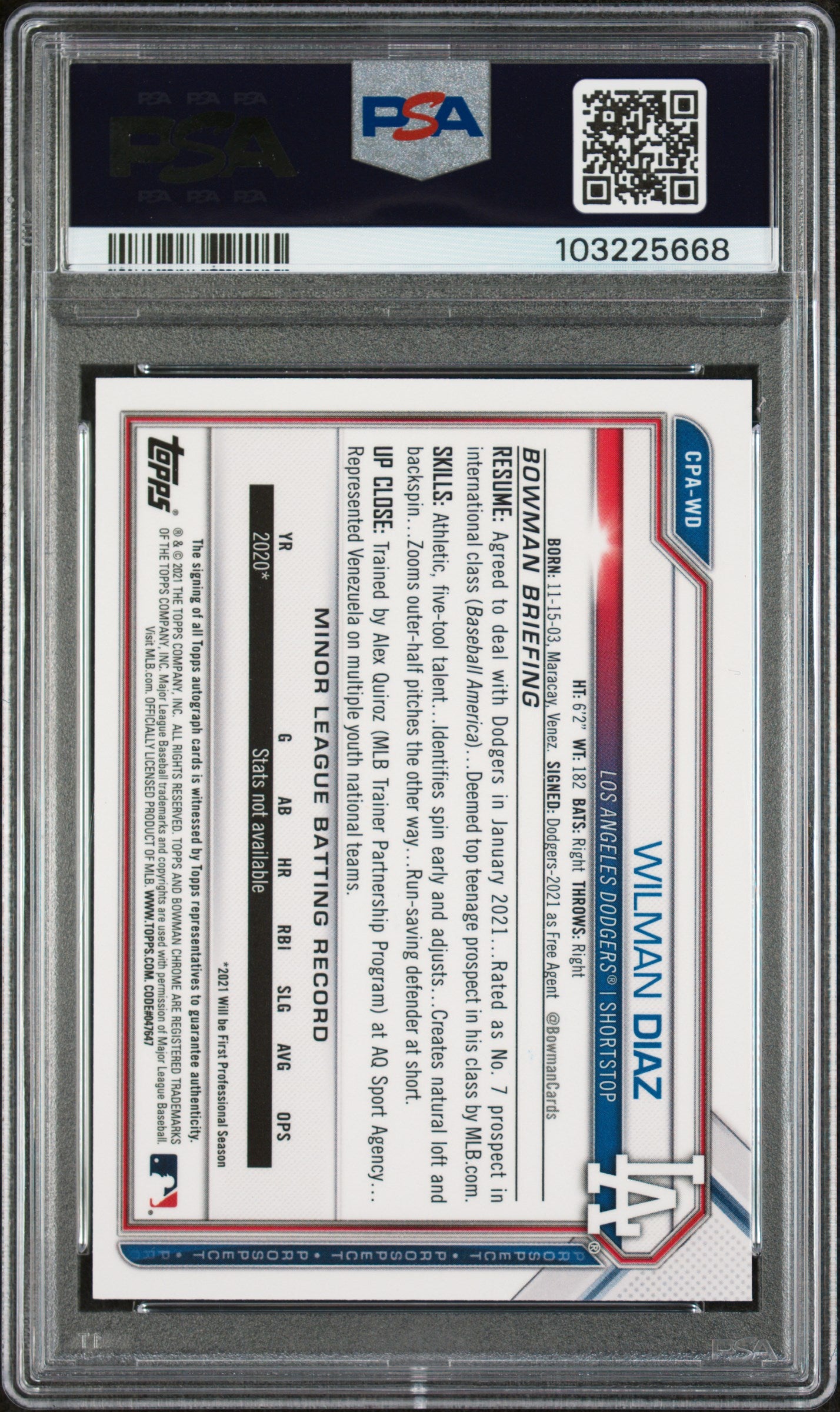 2021 Bowman Chrome #CPAWD Wilman Diaz Prospect Autograph Gold Shimmer Refractor /50 PSA 9