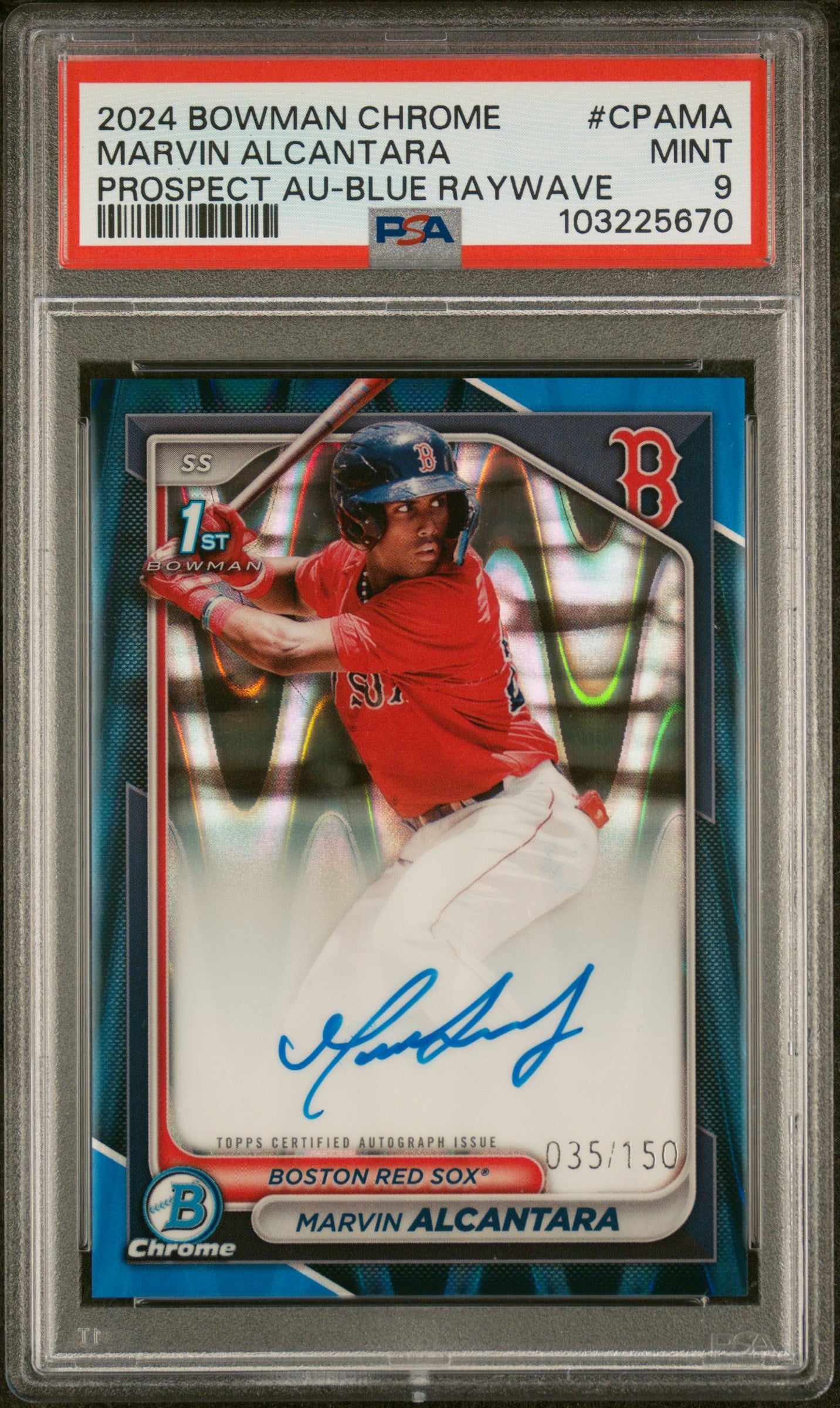 2024 Bowman Chrome Prospect Autographs #CPAMA Marvin Alcantara Prospect Au-Blue Raywave PSA 9