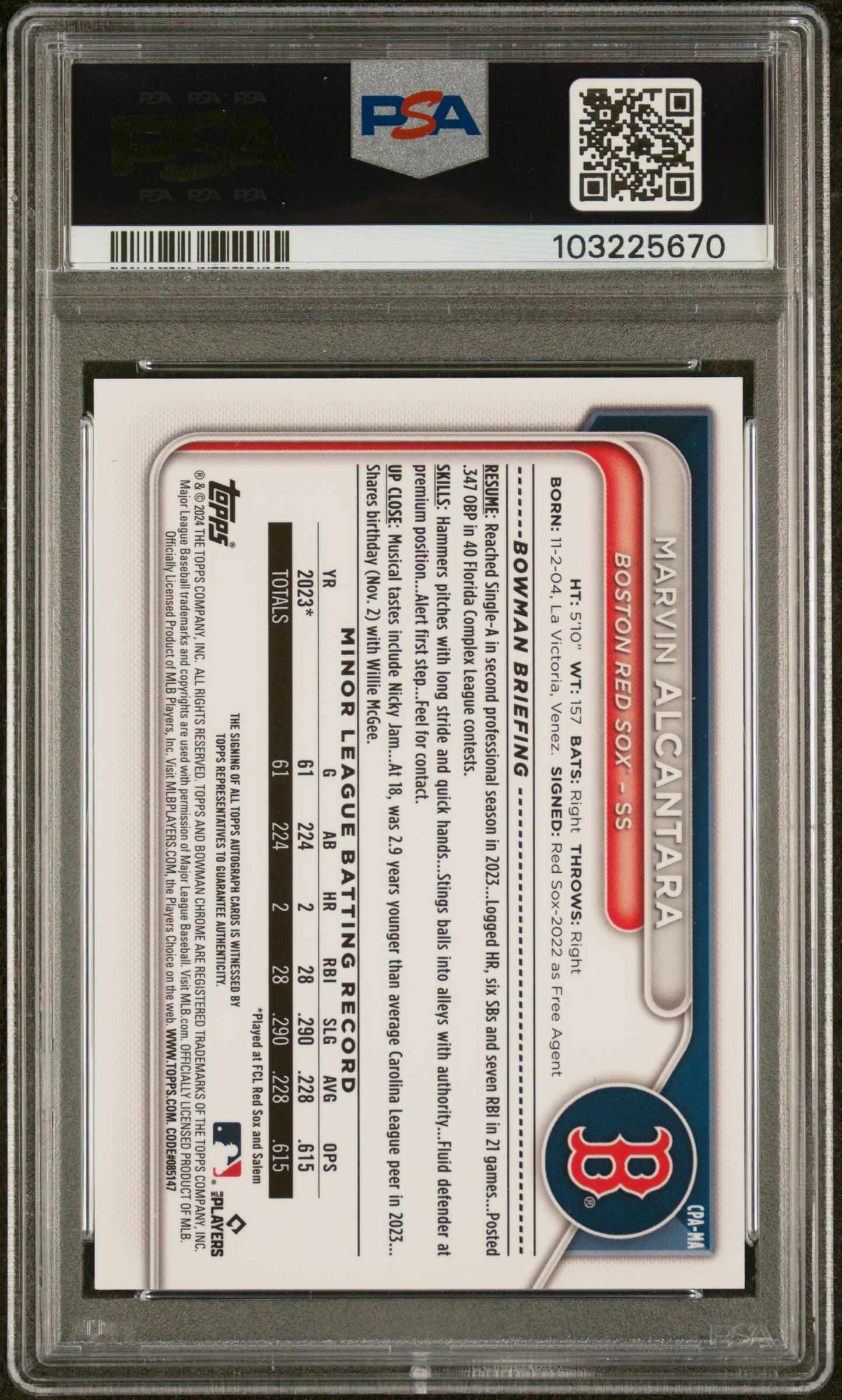 2024 Bowman Chrome Prospect Autographs #CPAMA Marvin Alcantara Prospect Au-Blue Raywave PSA 9