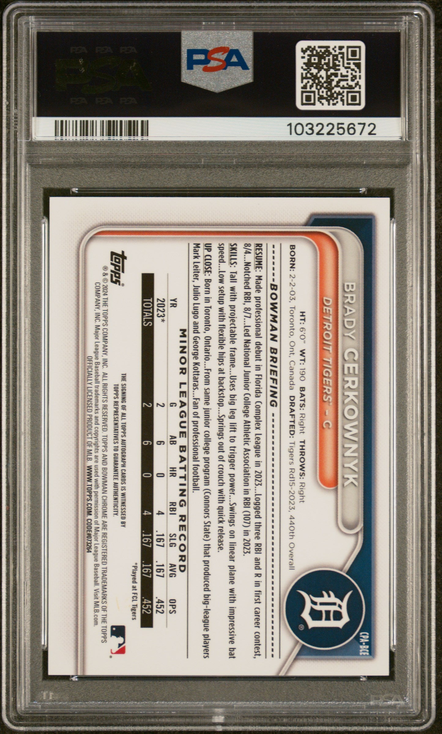 2024 Bowman Chrome Prospect Autographs #CPABCE Brady Cerkownyk Prospect Auto-Blue Ref PSA 10