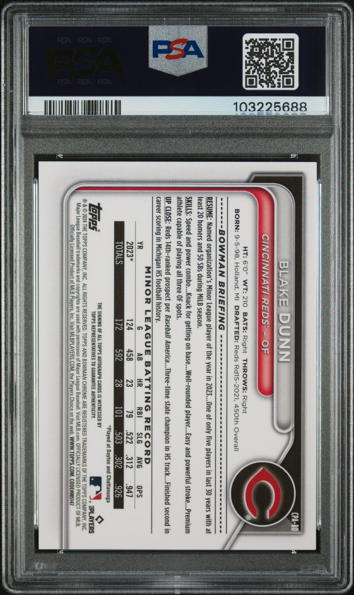 2024 Bowman Chrome Prospect Autographs #CPABD Blake Dunn Prospect Autograph PSA 10