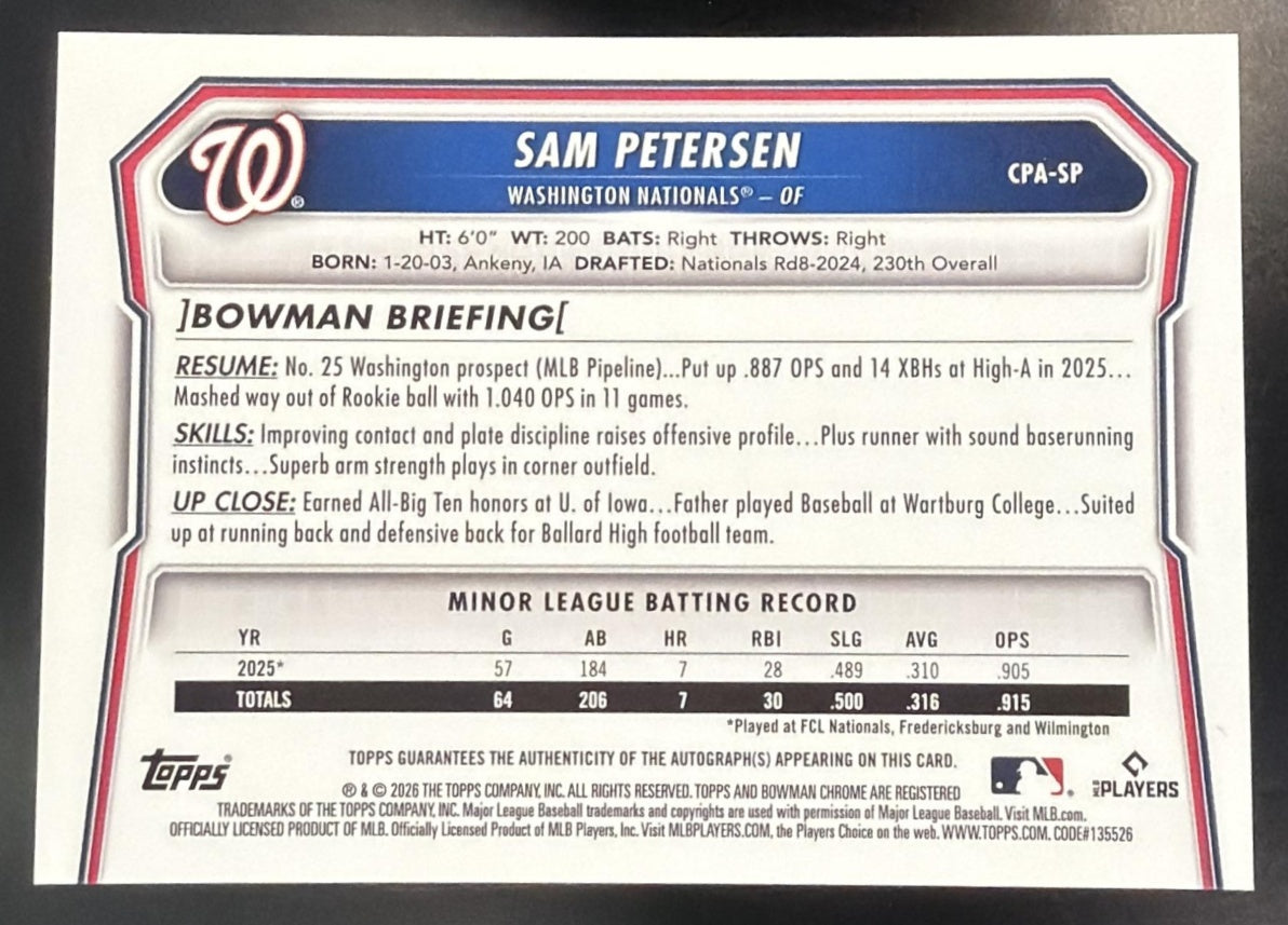 2026 Bowman Sam Petersen #CPA-SP Chrome Auto Blue Refractor /150 1st Prospect