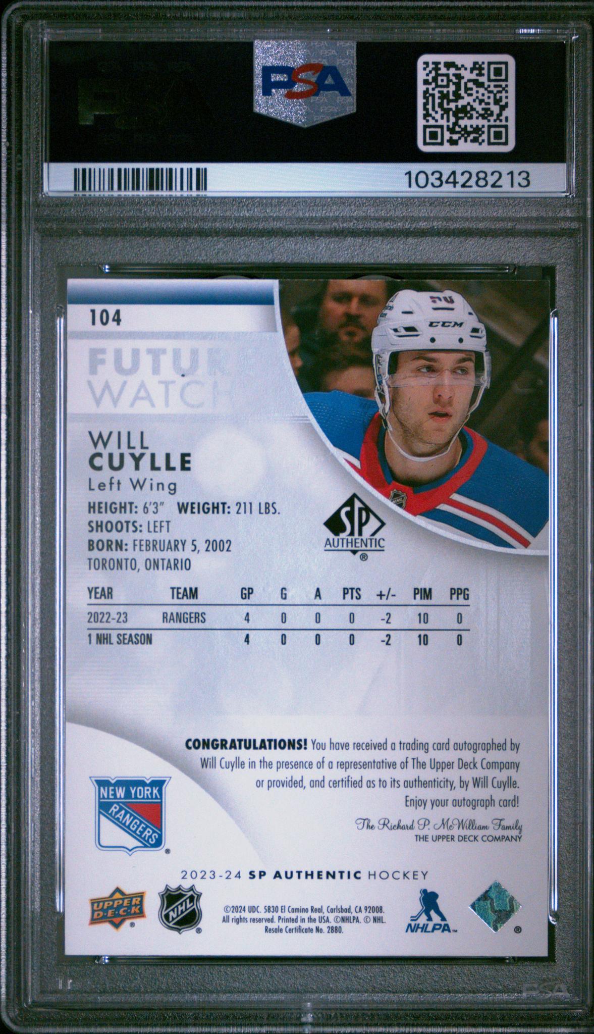 2023 SP Authentic Will Cuylle #104 /999 PSA 9