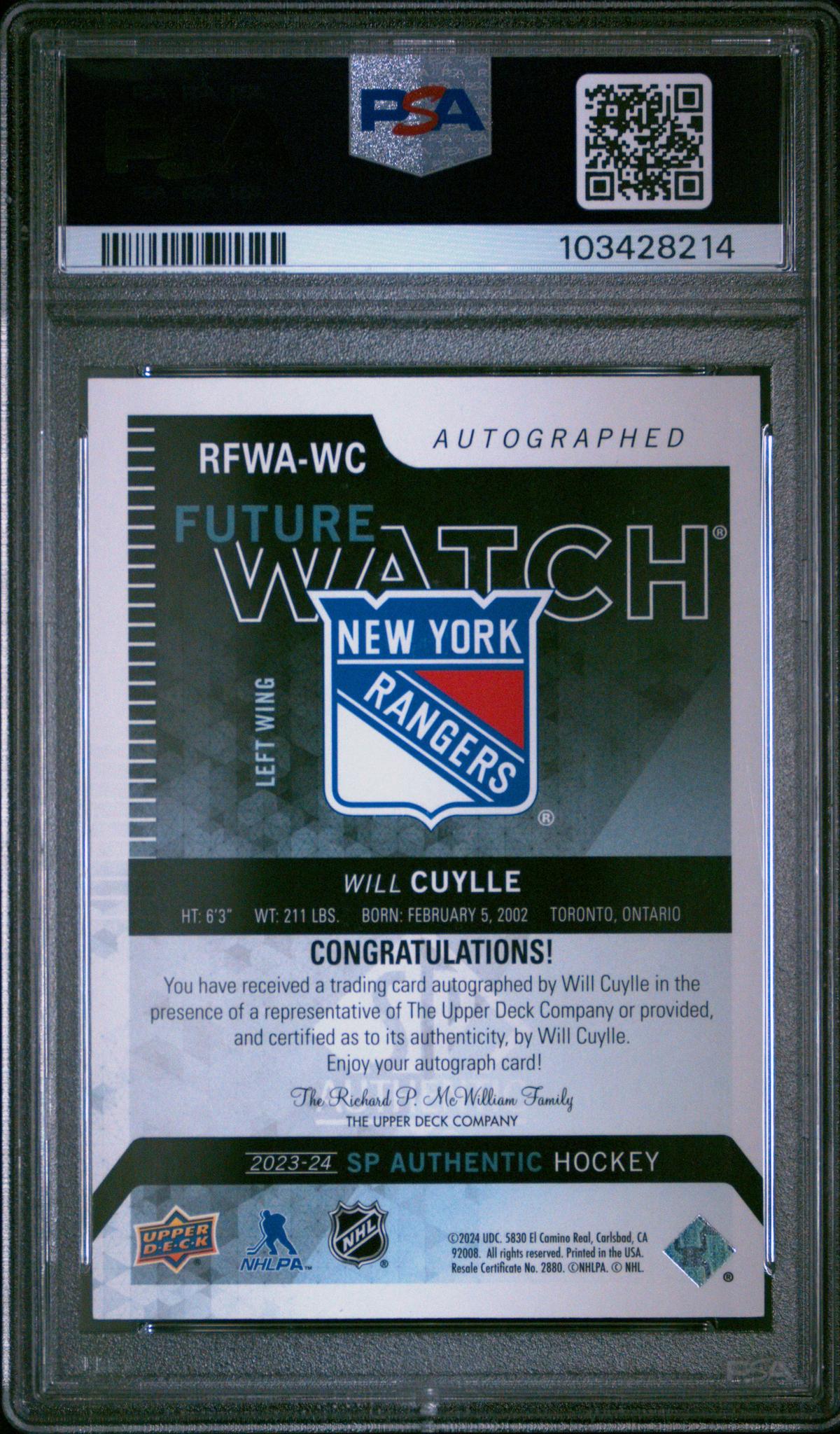 2023 SP Authentic 2013-14 Retro Autograph Future Watch Will Cuylle #RFWAWC /699 PSA 10