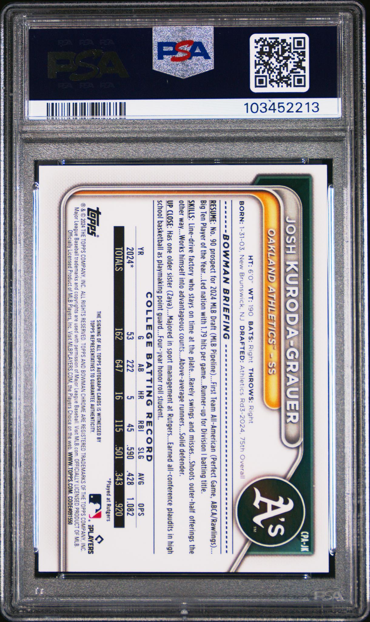 2024 Bowman #CPAJK Josh Kuroda-Grauer CHR Prospect Auto-Blue Ref /150 Auto PSA 9