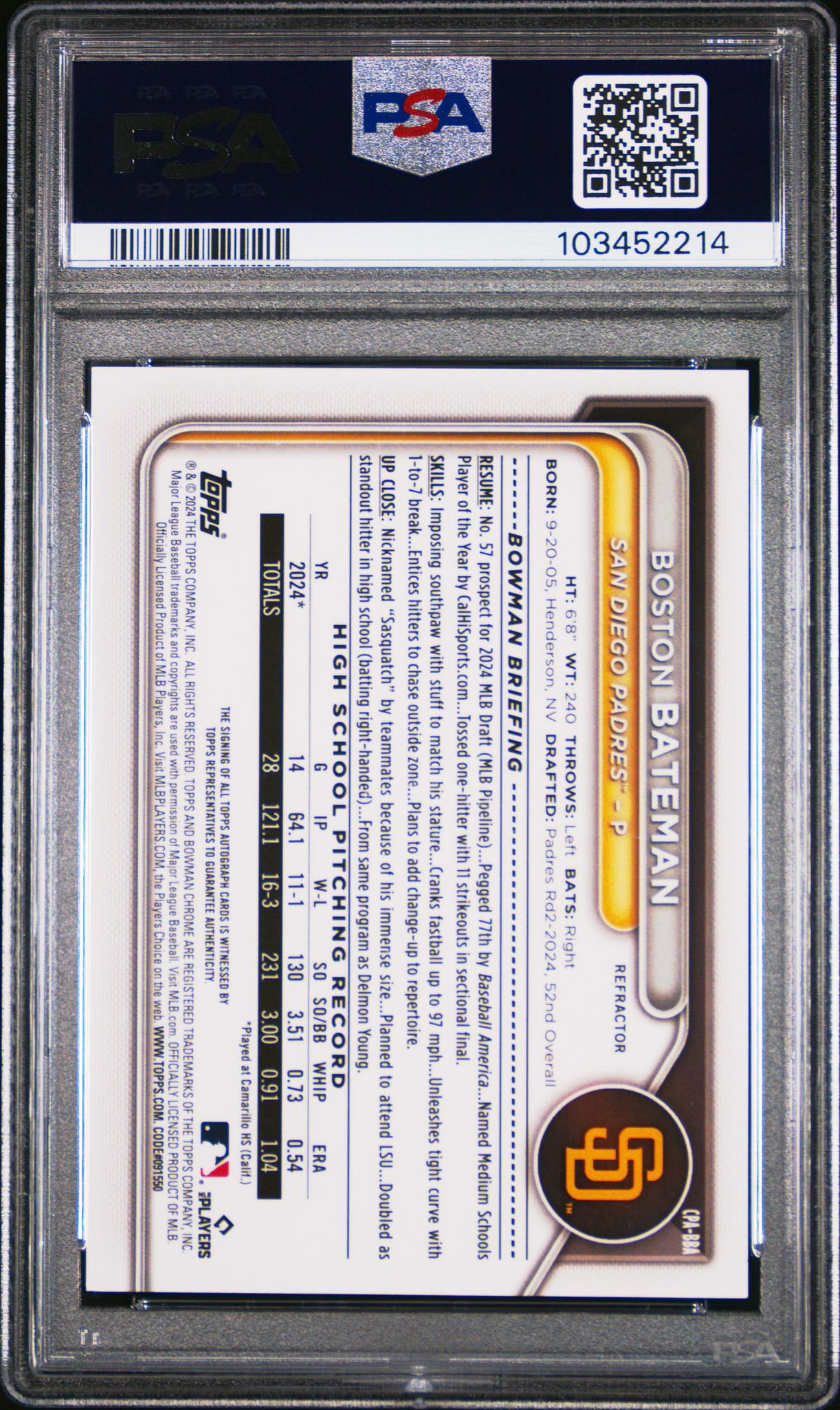 2024 Bowman #CPA-BBA Boston Bateman Chrome Prospect Autographs /499 Auto PSA 9