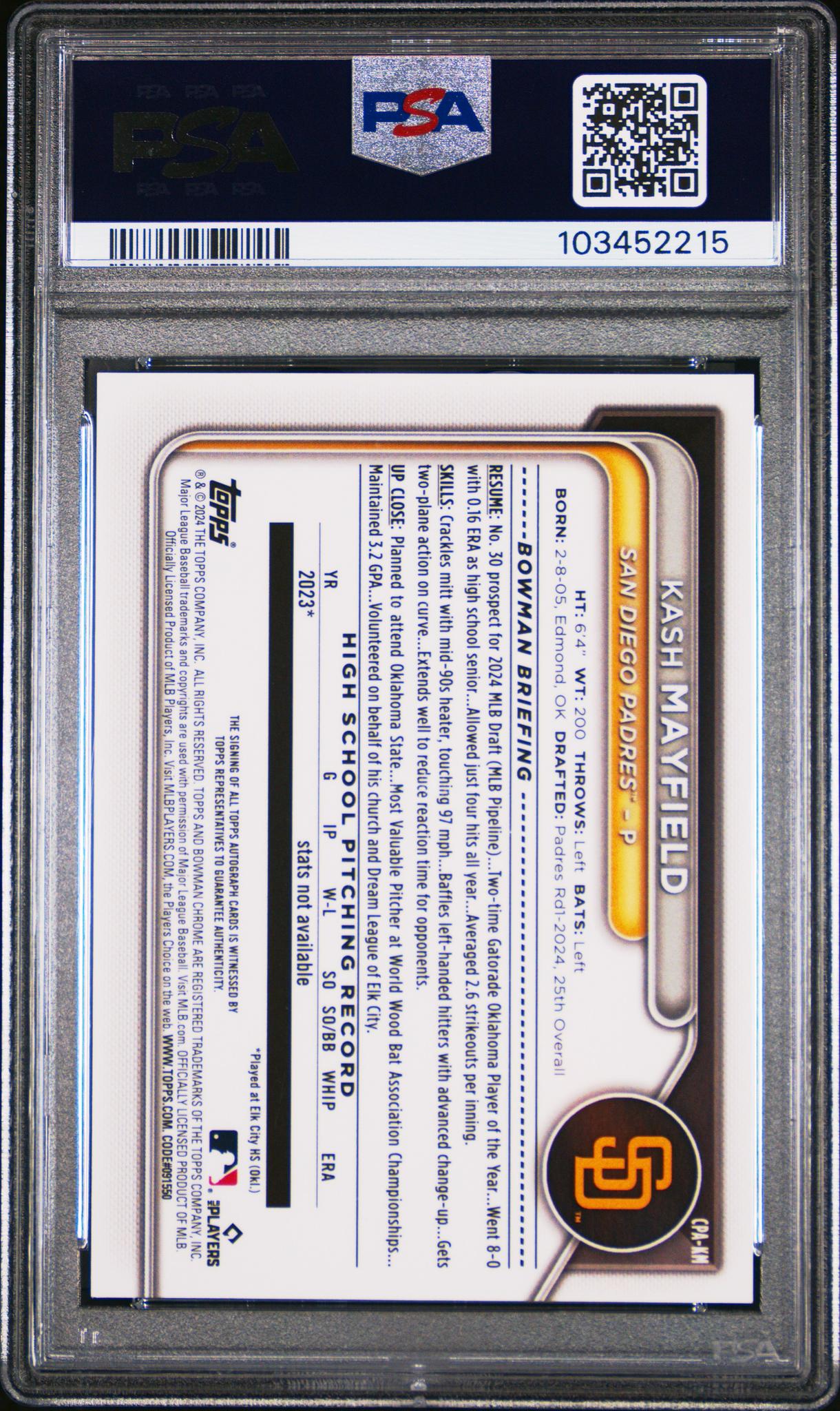 2024 Bowman #CPAKM Kash Mayfield Chrome Prospect Autograph Auto PSA 9
