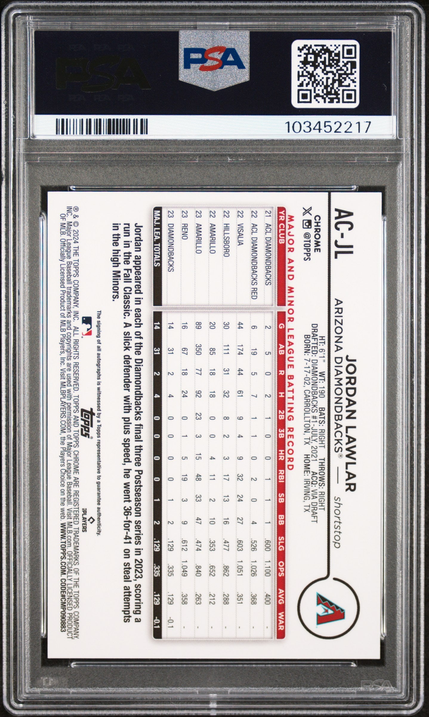 2024 Topps Chrome #ACJL Jordan Lawlar Autograph-Purple Speckle /299 Auto PSA 9