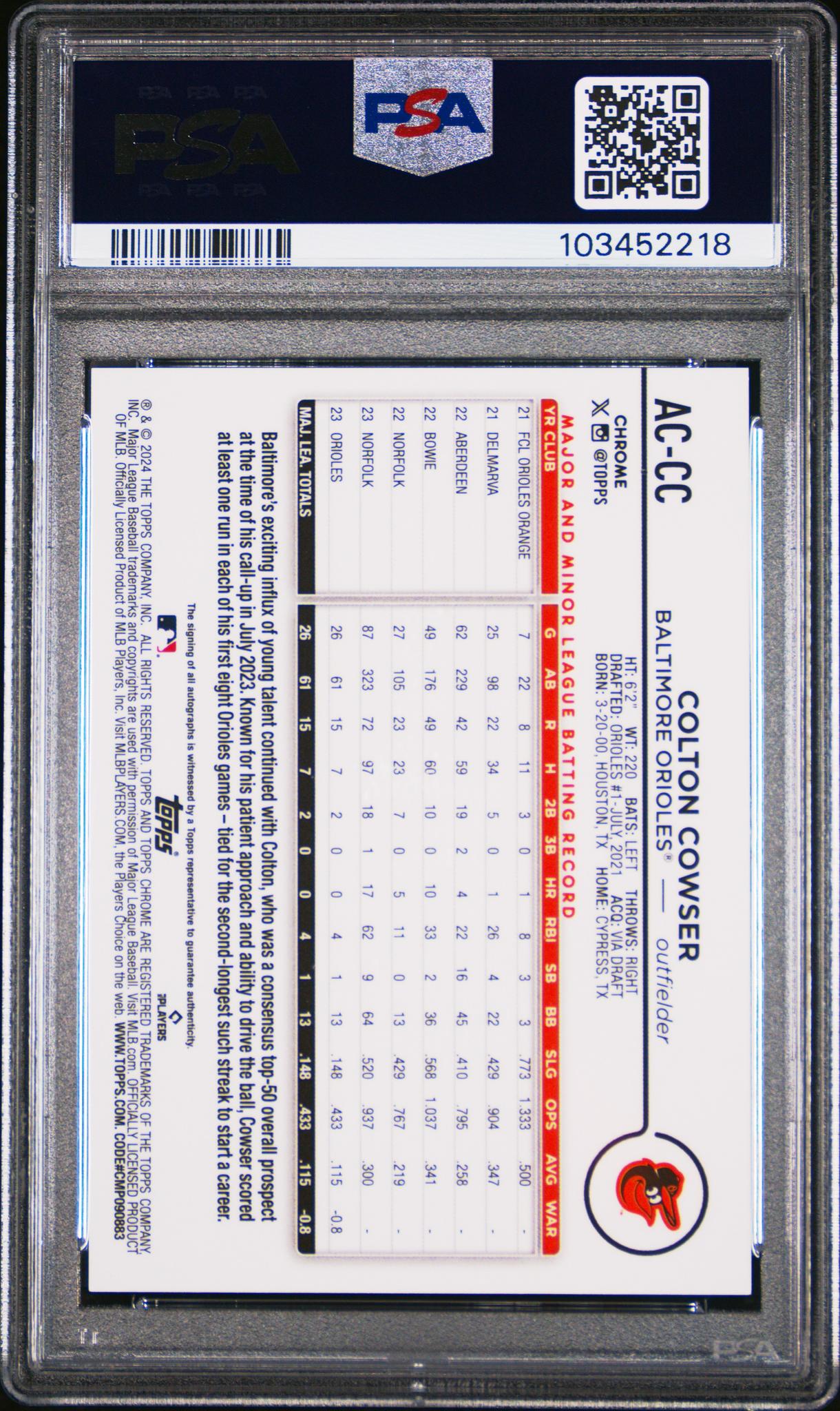 2024 Topps Chrome Update Blue RayWave Colton Cowser #AC-CC RC Auto /150 PSA 10