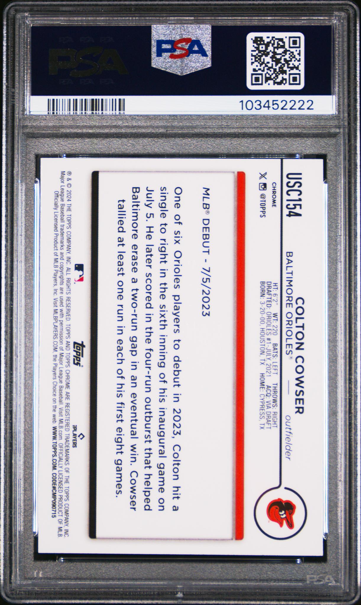 2024 Topps Chrome Update Magenta Refractor Colton Cowser #USC154 RC /399 PSA 10