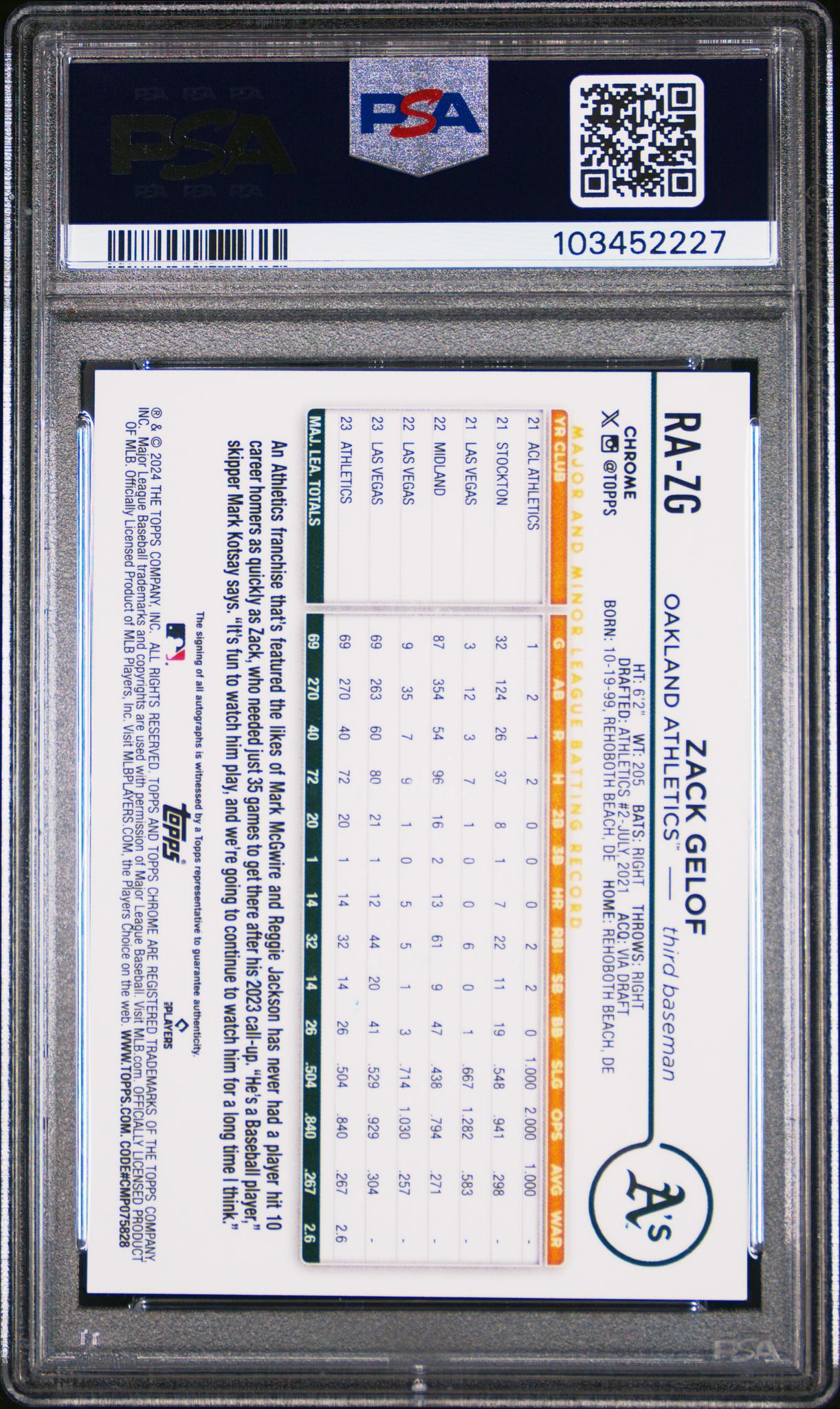 2024 Topps Chrome #RAZG Zack Gelof Rookie Autograph Auto PSA 10