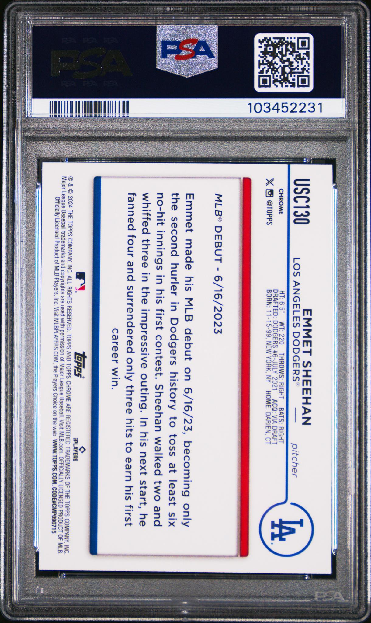 2024 Topps Chrome Update Blue RayWave Emmet Sheehan #USC130 RC /150 PSA 9