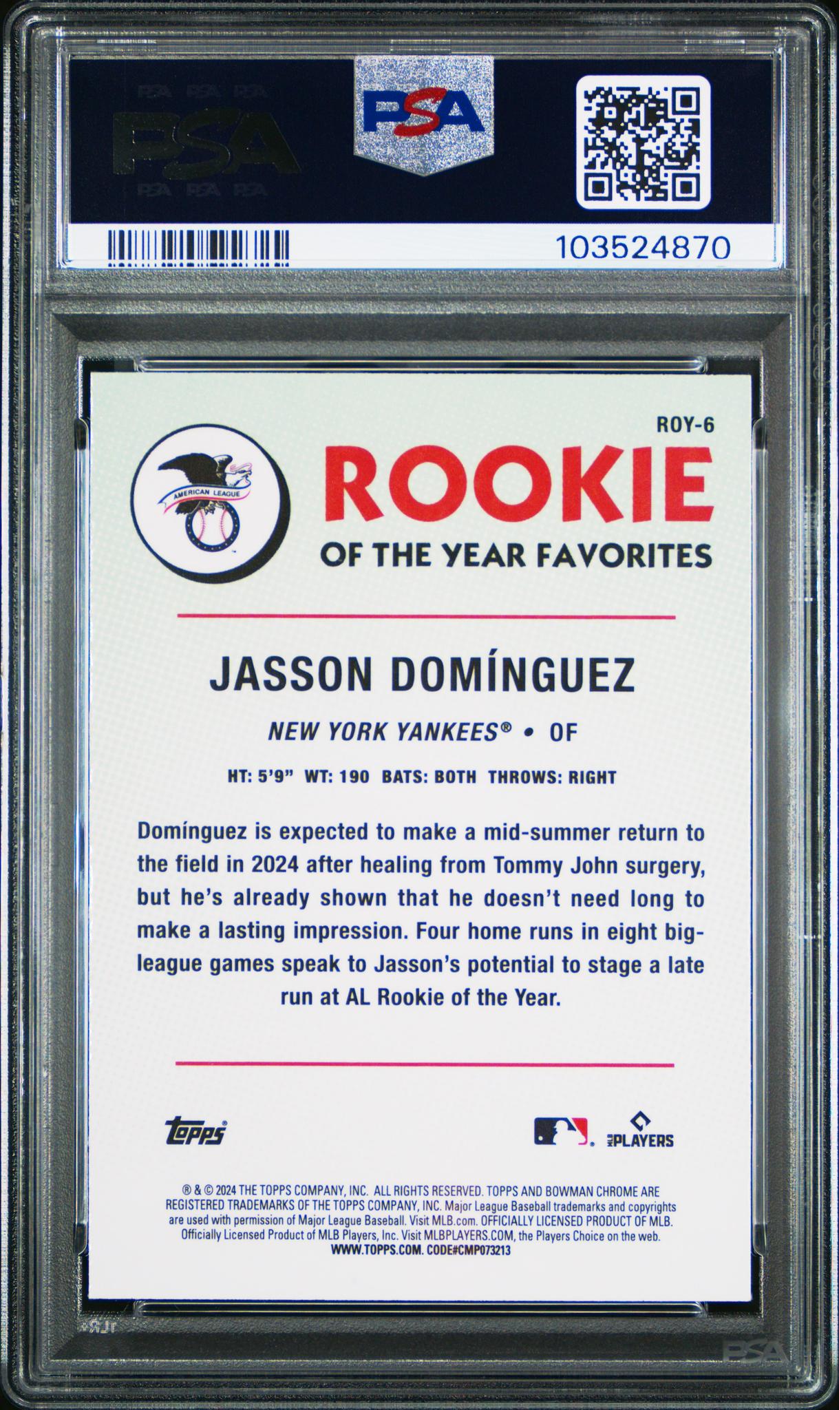 2024 Bowman Chrome Rookie of the Year Favorites Jasson Dominguez #ROY6 RC PSA 10