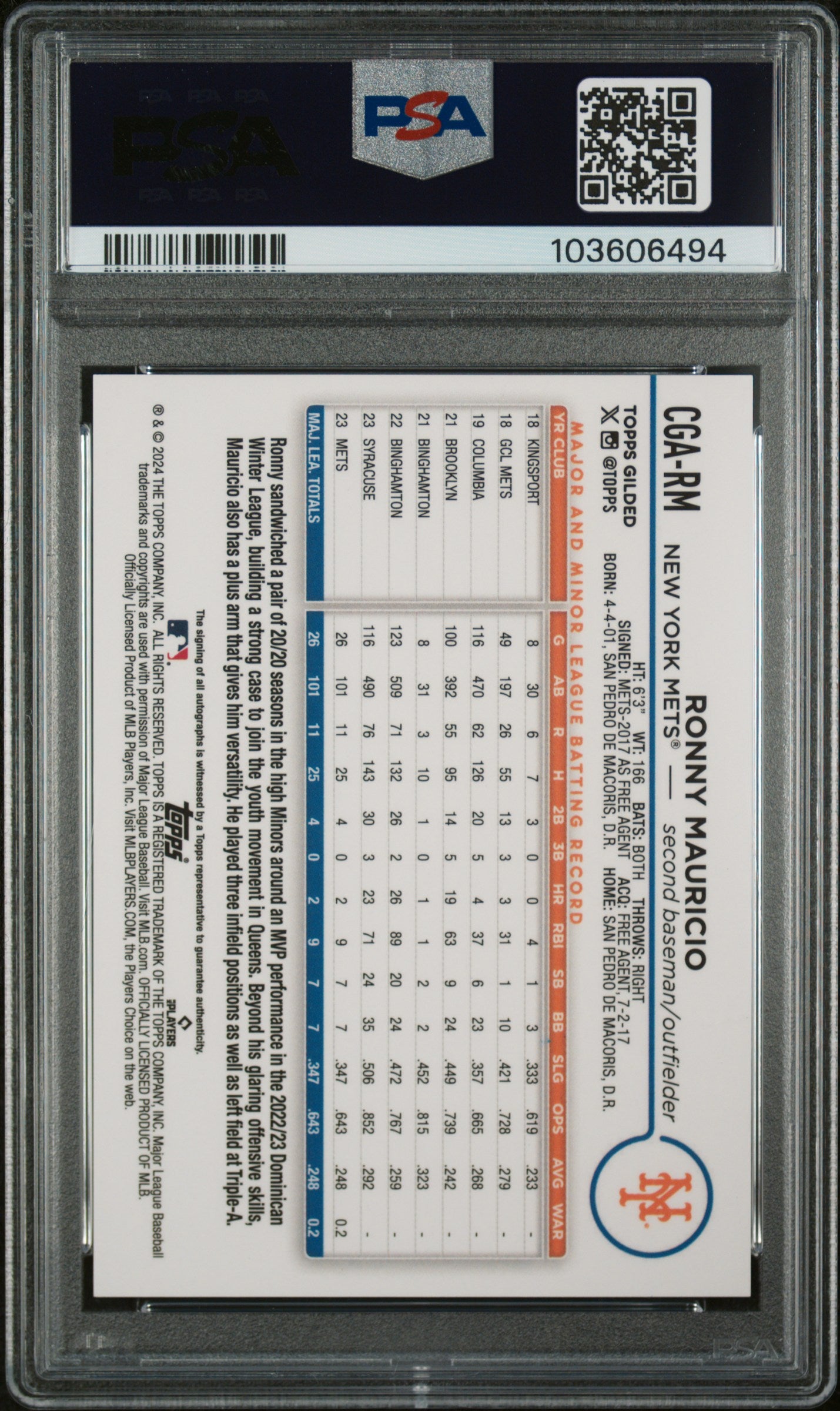 2024 Chrome #CGA-RM Ronny Mauricio Gilded Collection /99 PSA 9