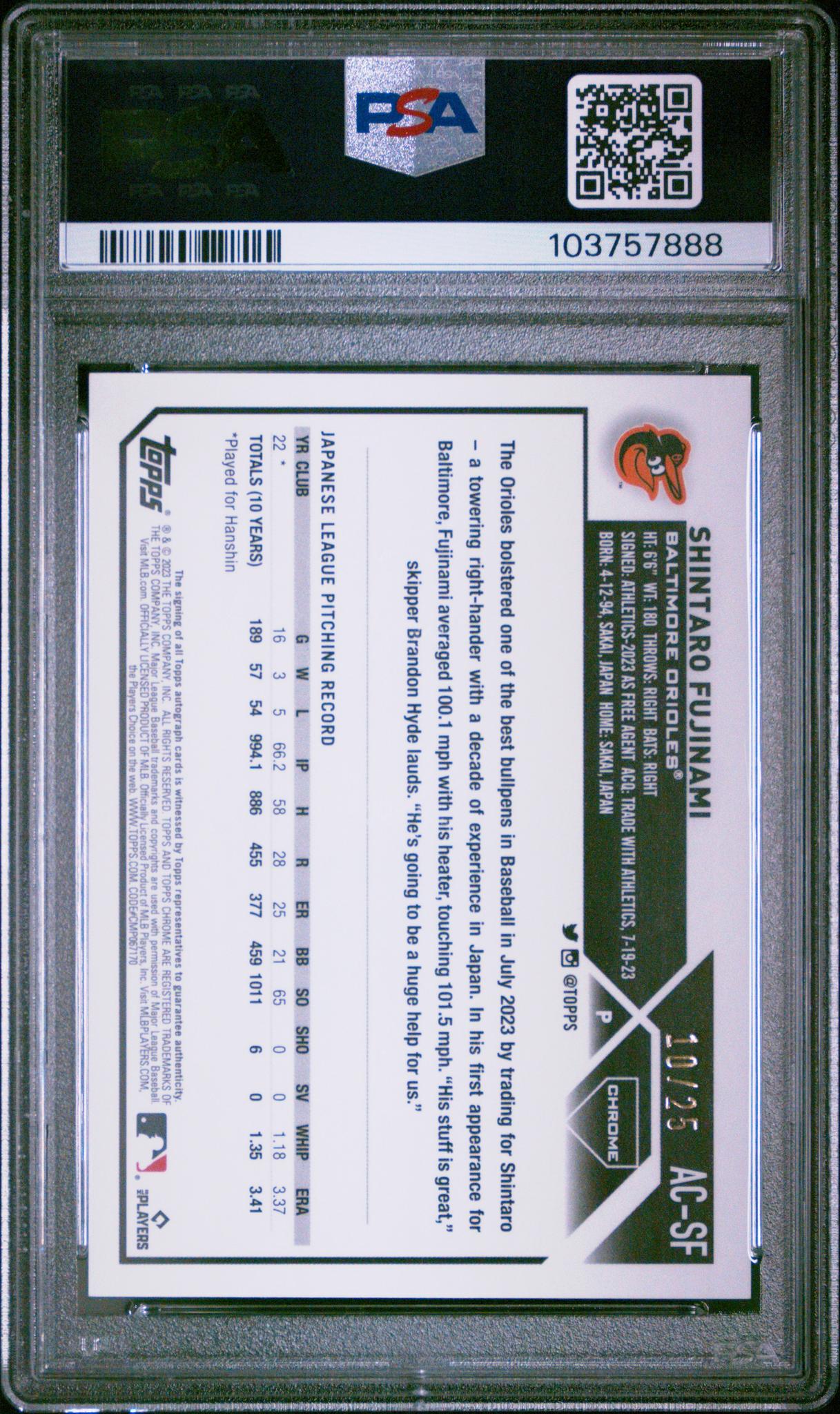 2023 Topps Chrome #ACSF Shintaro Fujinami Orange Wave Refractor /25 PSA 9