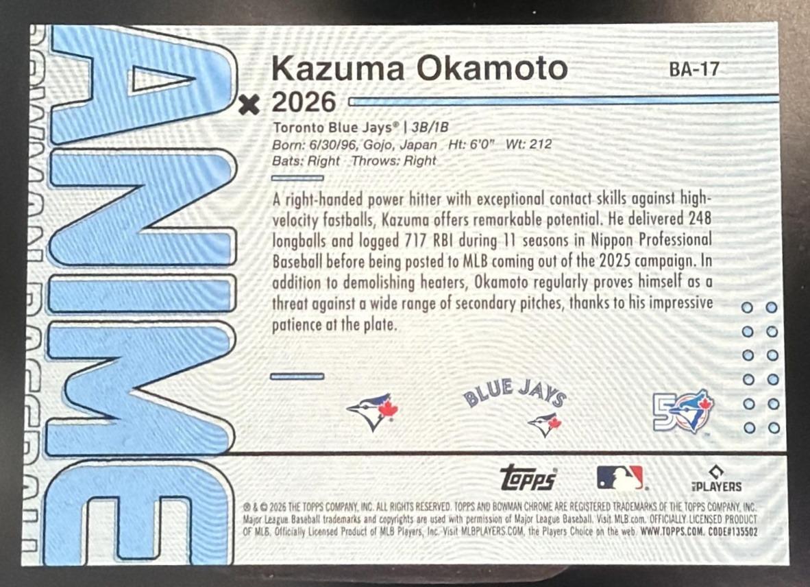 2026 Bowman Kazuma Okamoto #BA-17 Anime RC SSP Blue Jays