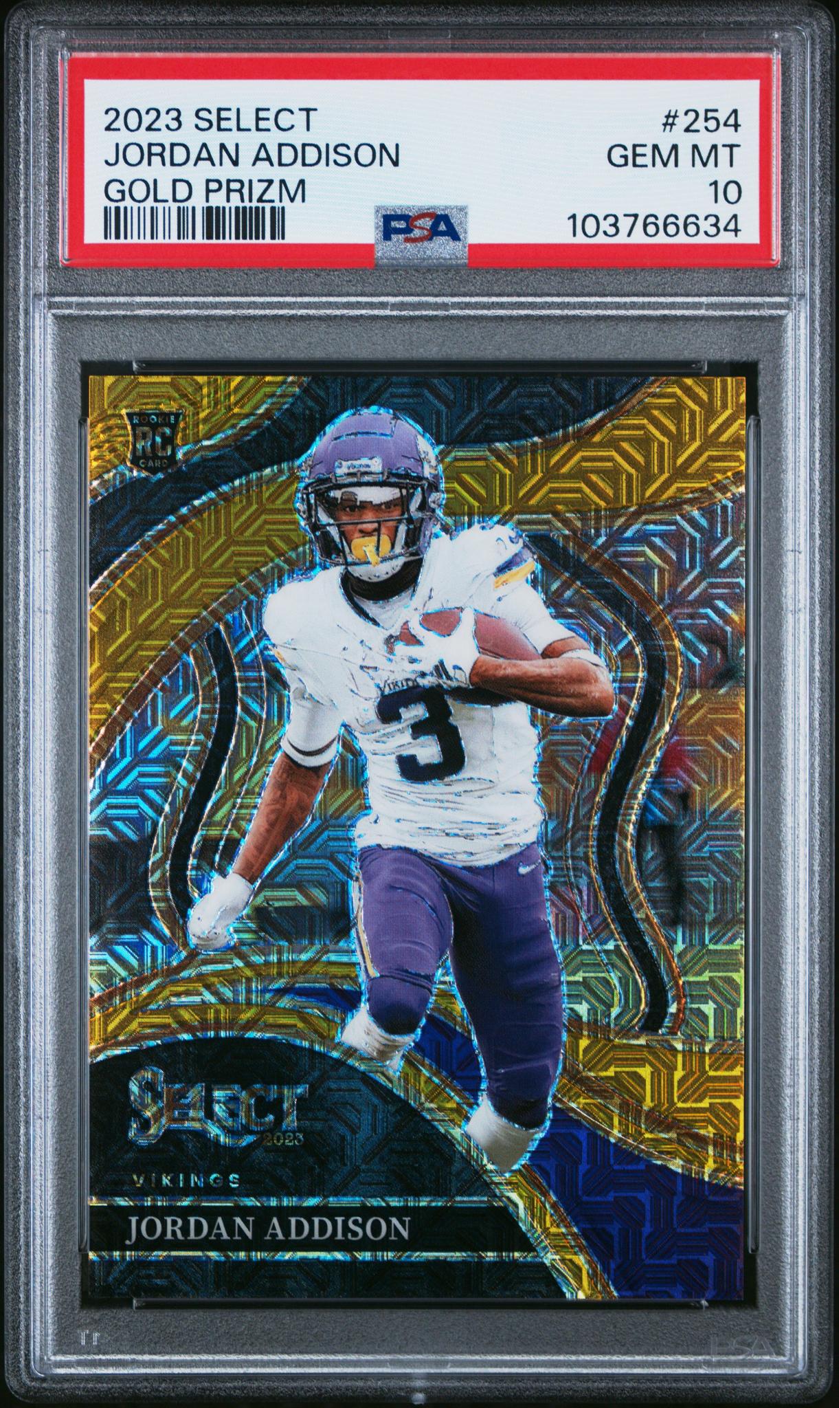 2023 Panini Select Gold Prizm Jordan Addison #254 RC Club Level /10 PSA 10