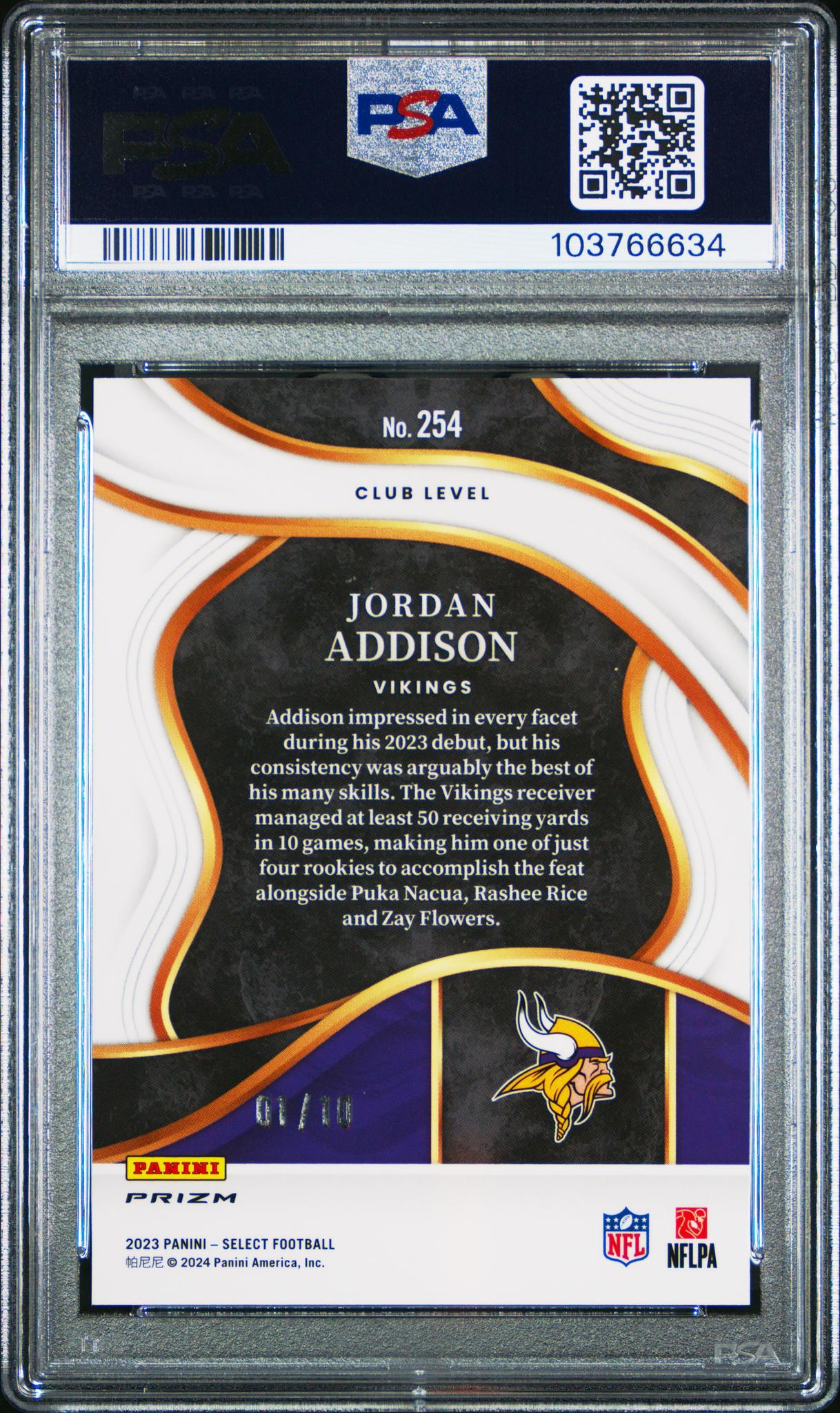 2023 Panini Select Gold Prizm Jordan Addison #254 RC Club Level /10 PSA 10