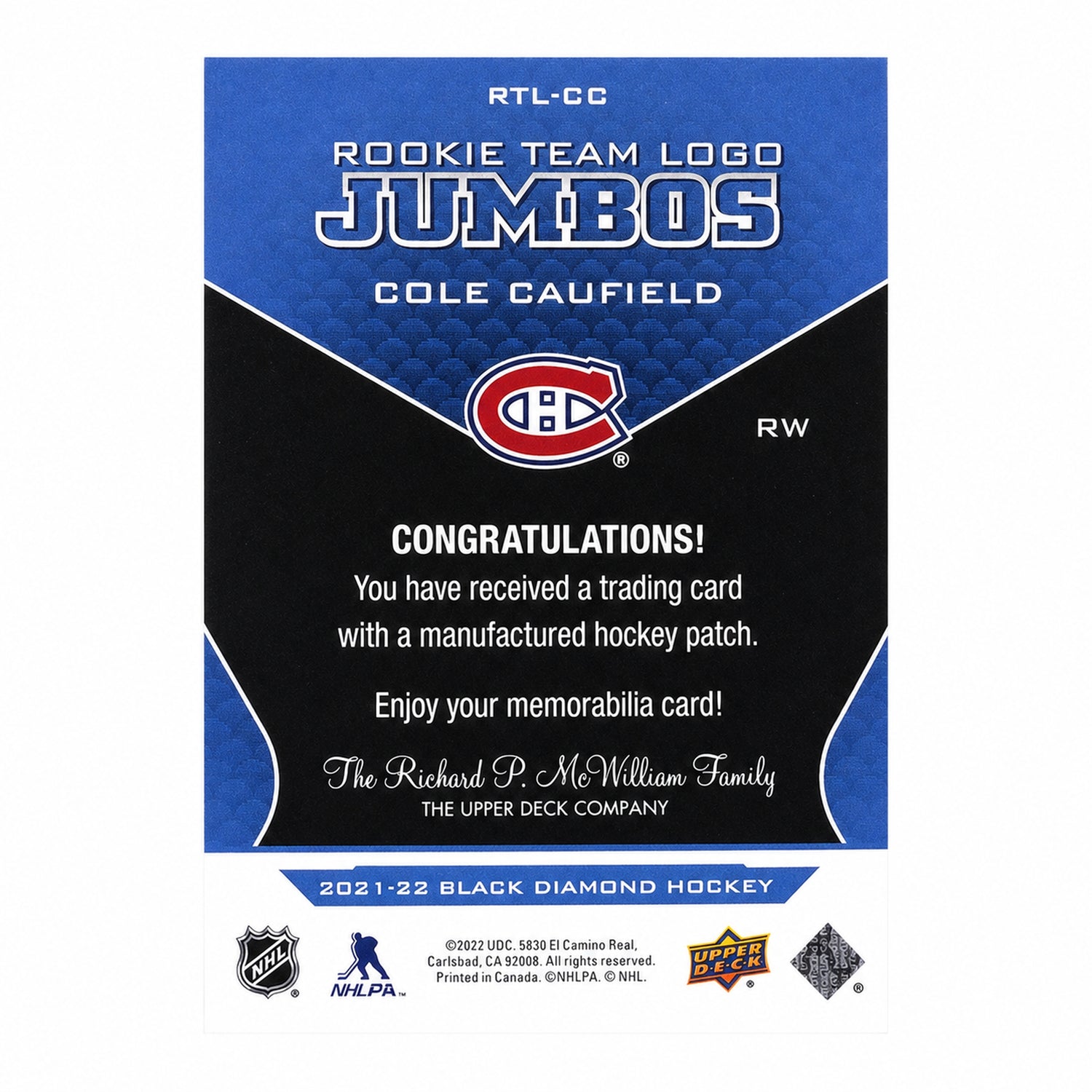 2021 Upper Deck Black Diamond Cole Caufield Rookie Team Logo Jumbo Patch RC
