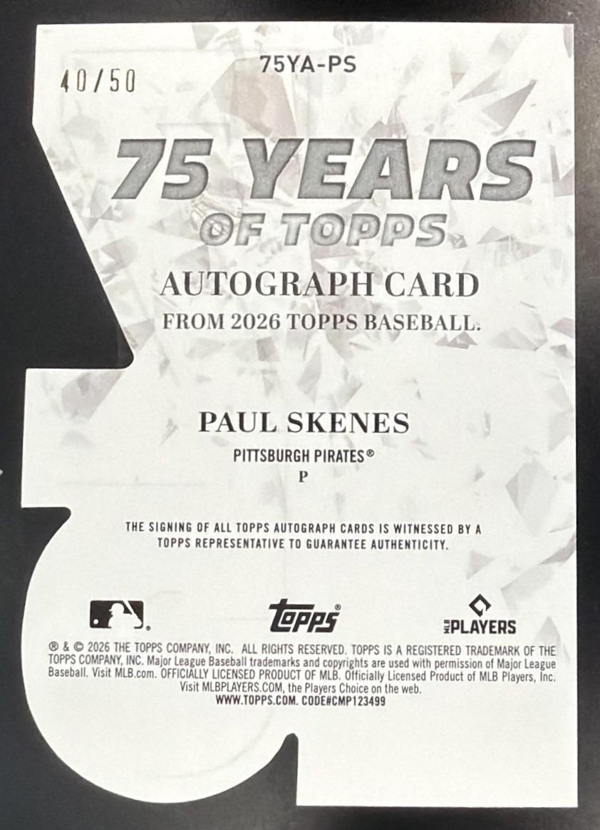 2026 Topps Series 1 Paul Skenes #75YA-PS 75 Years of Die-Cut Auto Gold /50