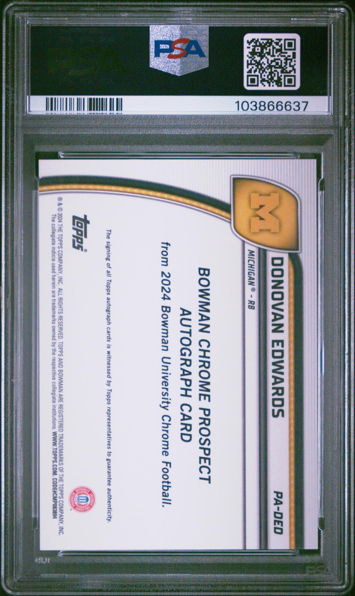 2024 Bowman University Chrome Bowman Chrome Prospect Autographs #PADED Donovan Edwards Chr Prospect Au-Gold Ref PSA 10