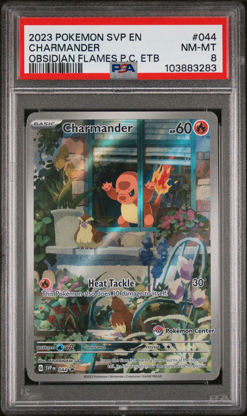 2023 Pokemon Scarlet and Violet Black Star Promo Obsidian Flames Pokemon Center Elite Trainer Box Charmander #044 PSA 8